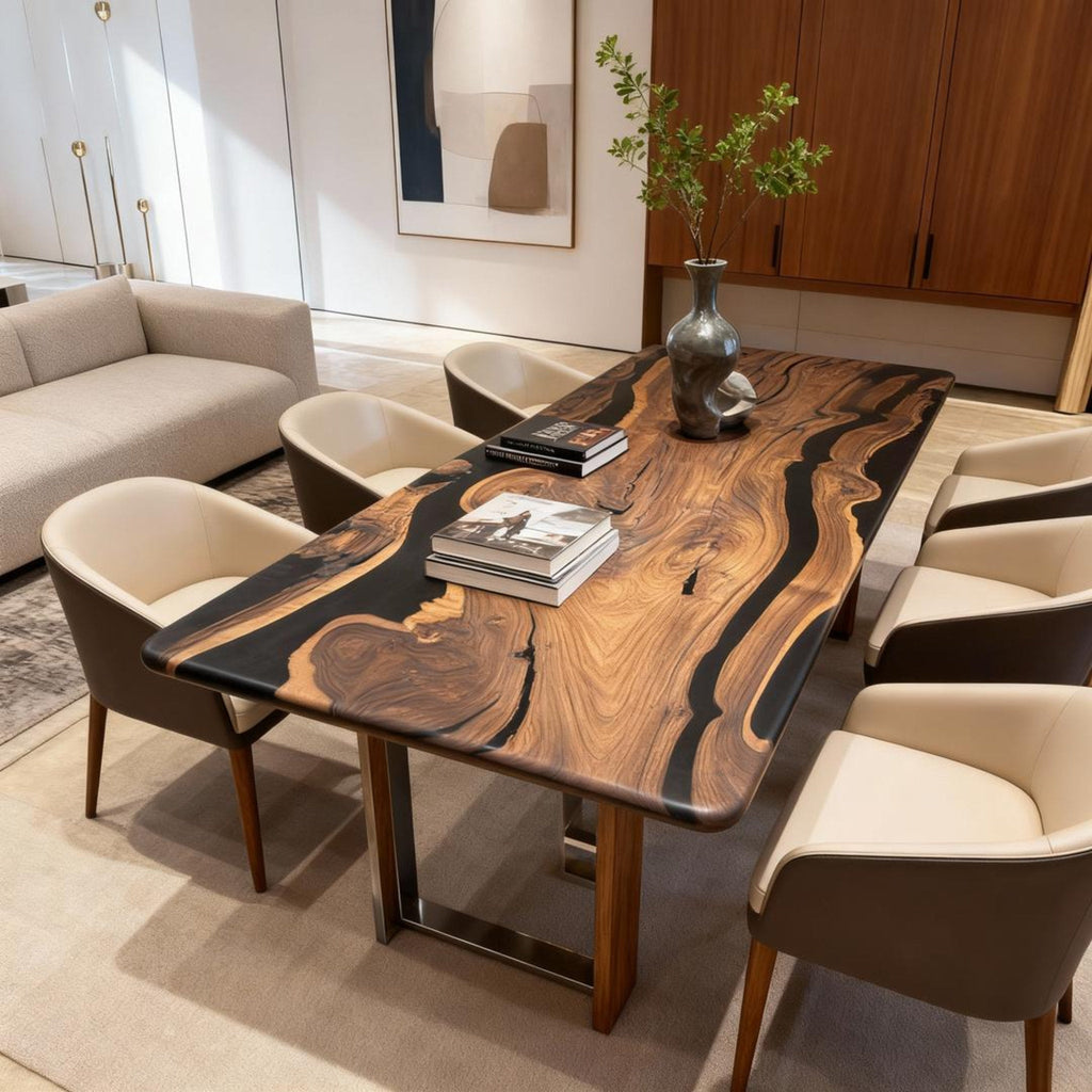 Table rivière sur mesure en résine époxy et noyer, Black Pearl KJP-582