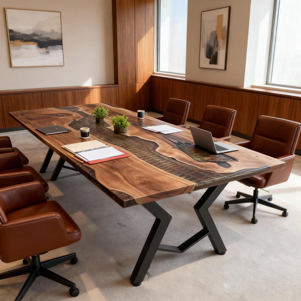 Table rivière sur mesure en résine époxy et noyer, Black Pearl LQF-729