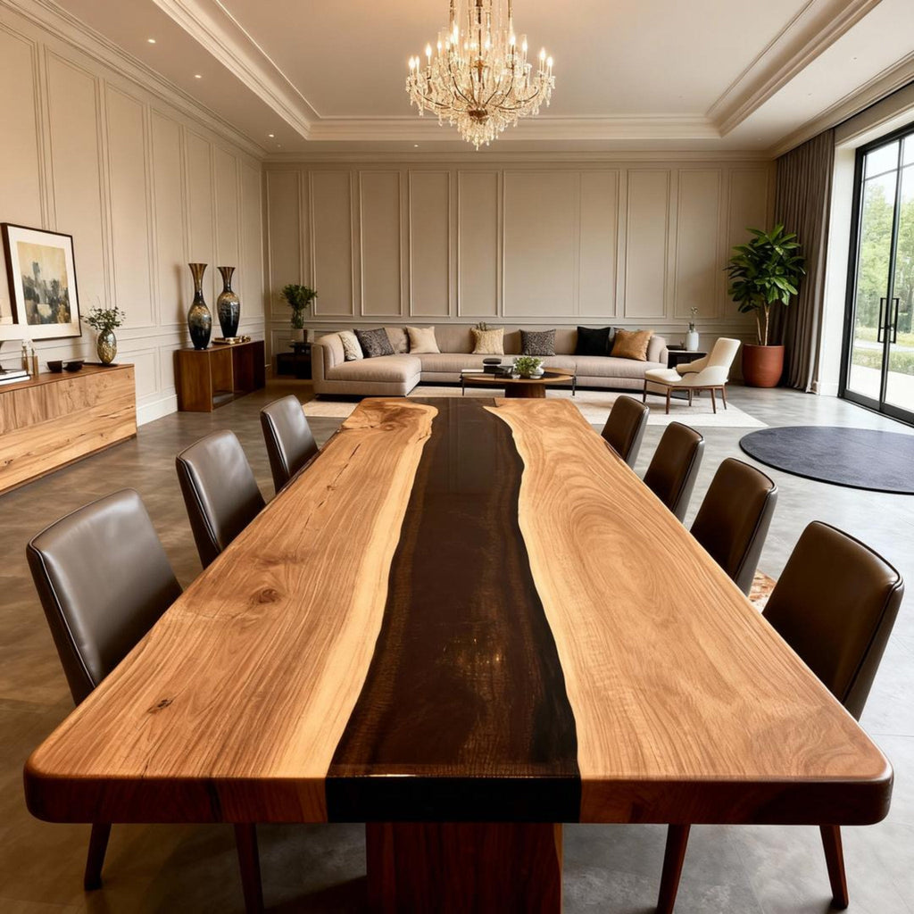 Table rivière sur mesure en résine époxy et noyer, Black Pearl NQF-742