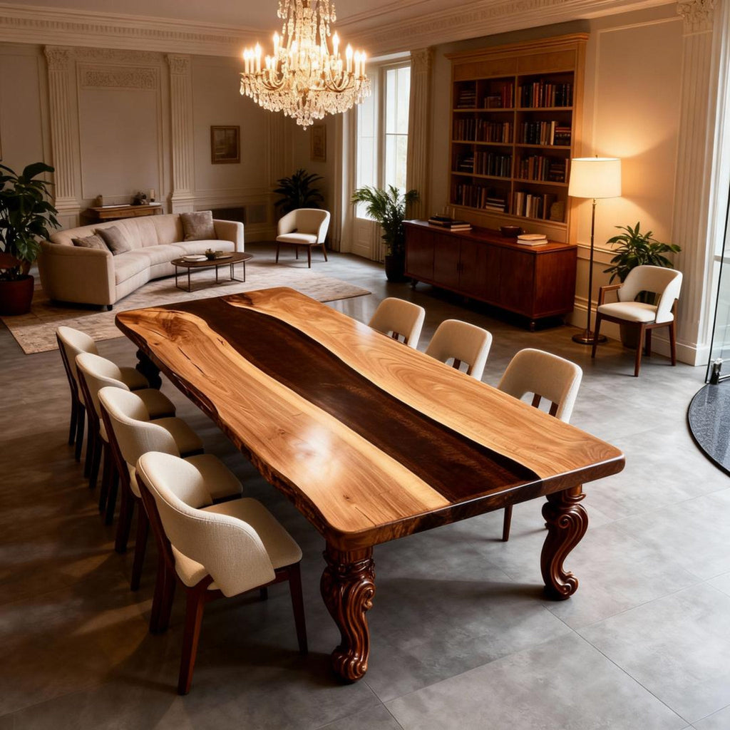 Table rivière sur mesure en résine époxy et noyer, Black Pearl NQF-742