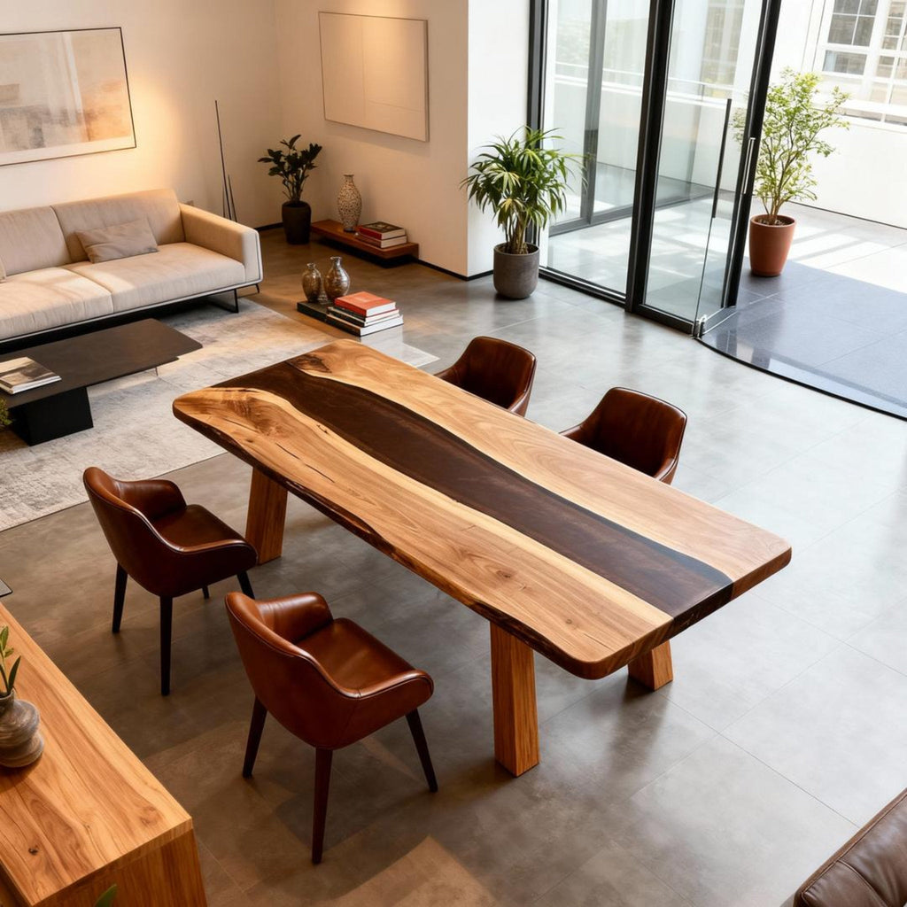 Table rivière sur mesure en résine époxy et noyer, Black Pearl NQF-742