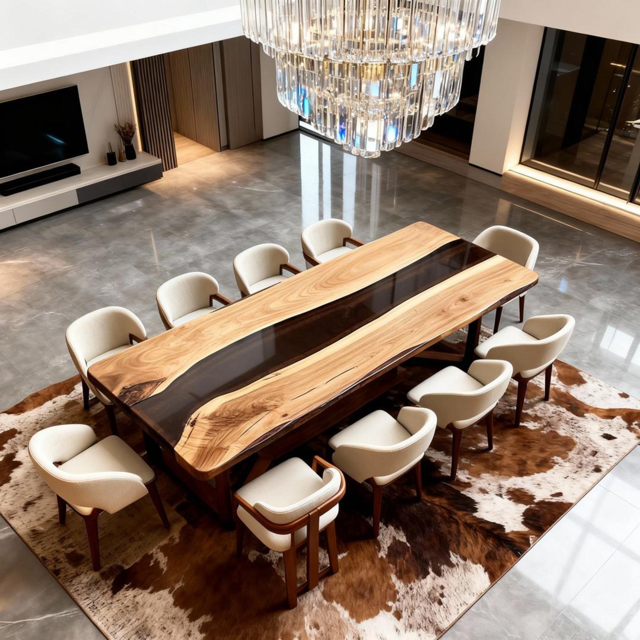 Table rivière sur mesure en résine époxy et noyer, Black Pearl NQF-742