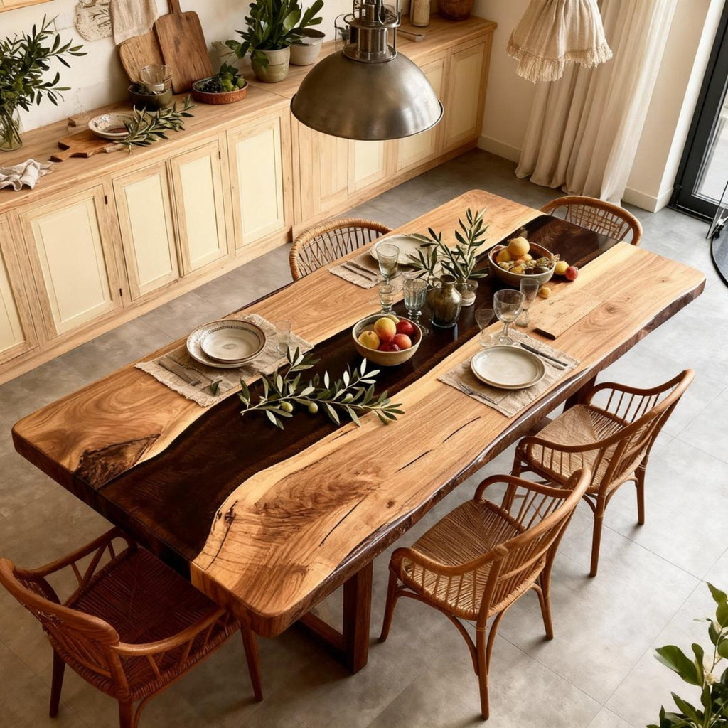 Table rivière sur mesure en résine époxy et noyer, Black Pearl NQF-742