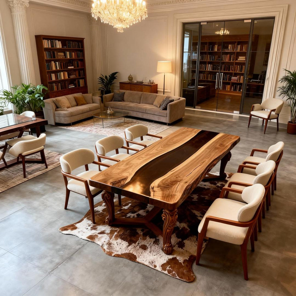 Table rivière sur mesure en résine époxy et noyer, Black Pearl NQF-742