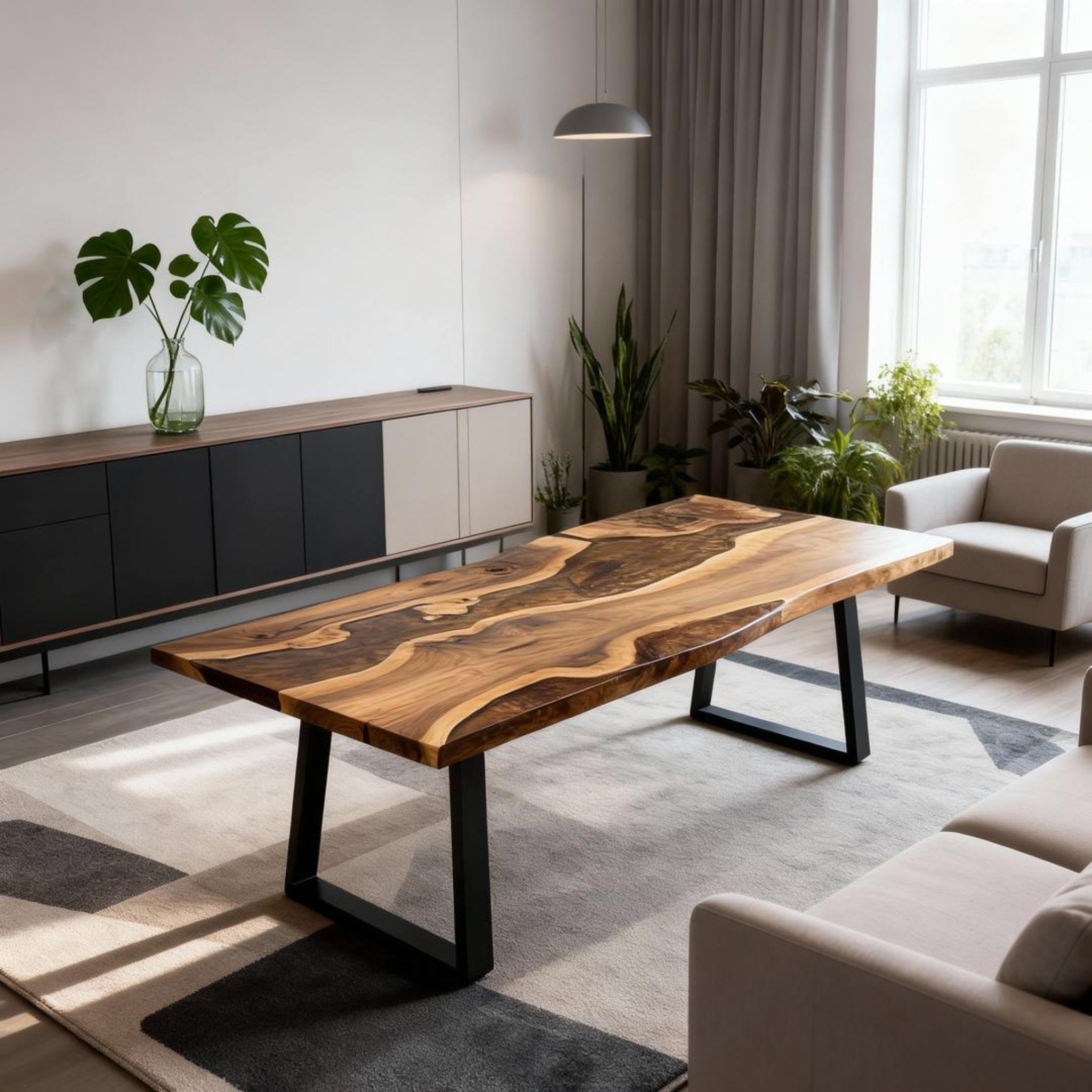 Table rivière sur mesure en résine époxy et noyer, Black Pearl NXT-724