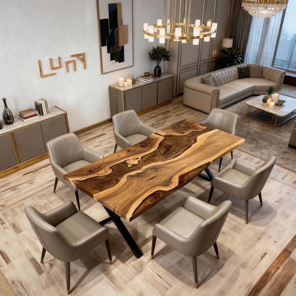 Table rivière sur mesure en résine époxy et noyer, Black Pearl NXT-724