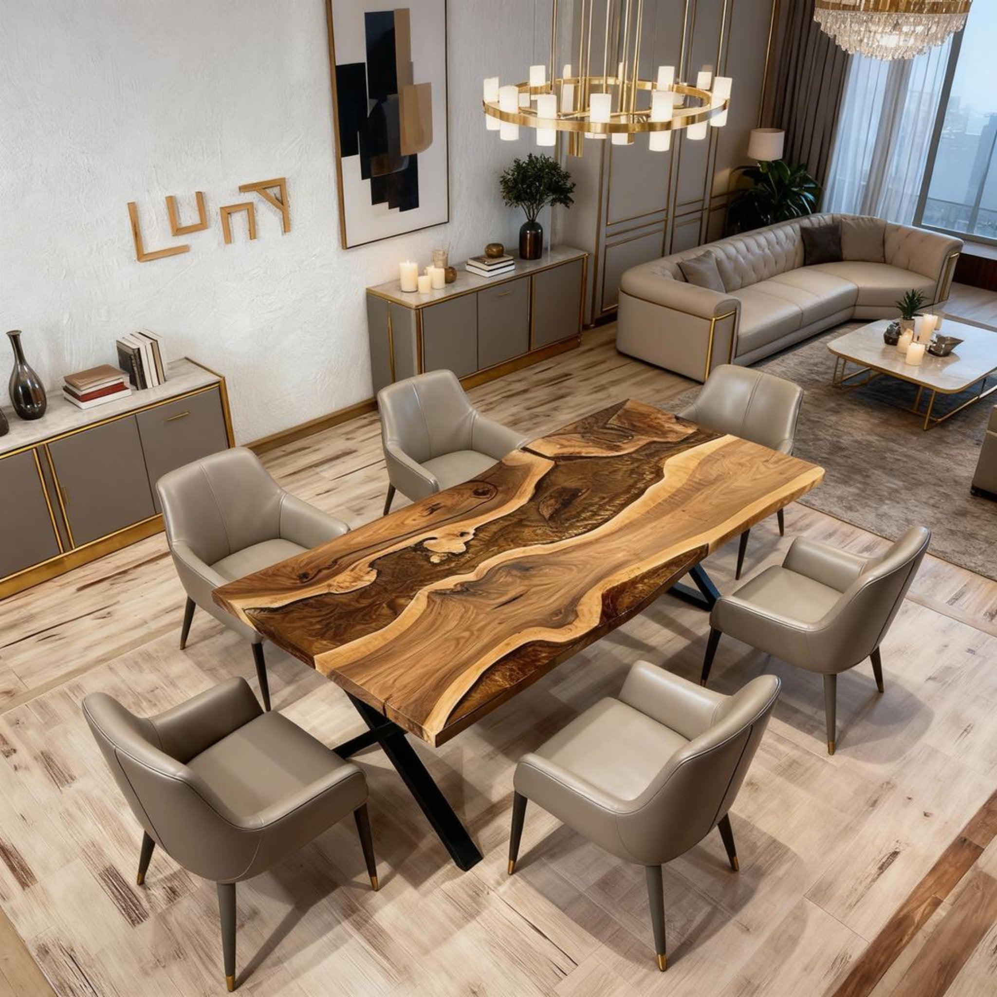 Table rivière sur mesure en résine époxy et noyer, Black Pearl NXT-724