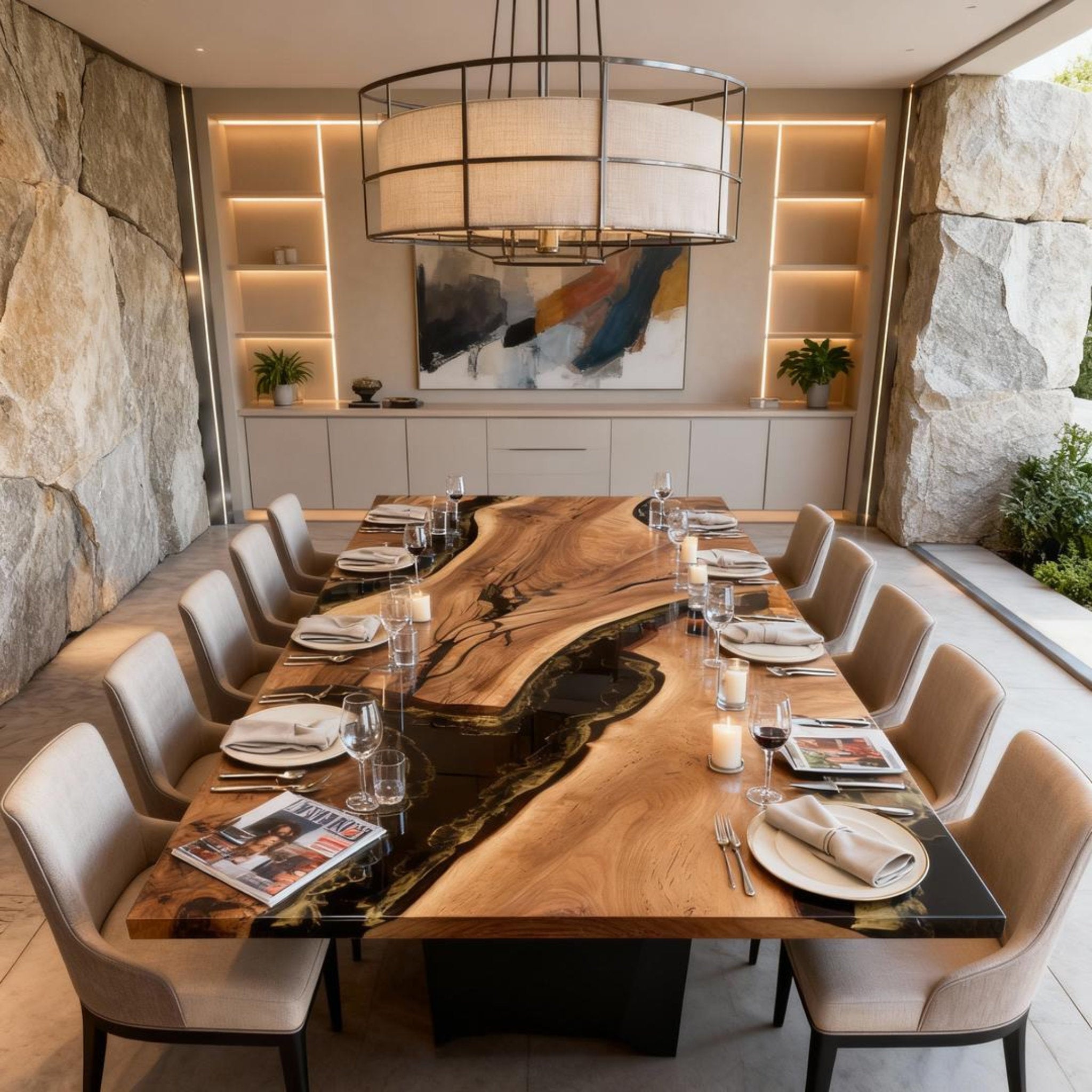 Table rivière sur mesure en résine époxy et noyer, Black Pearl QJT-642