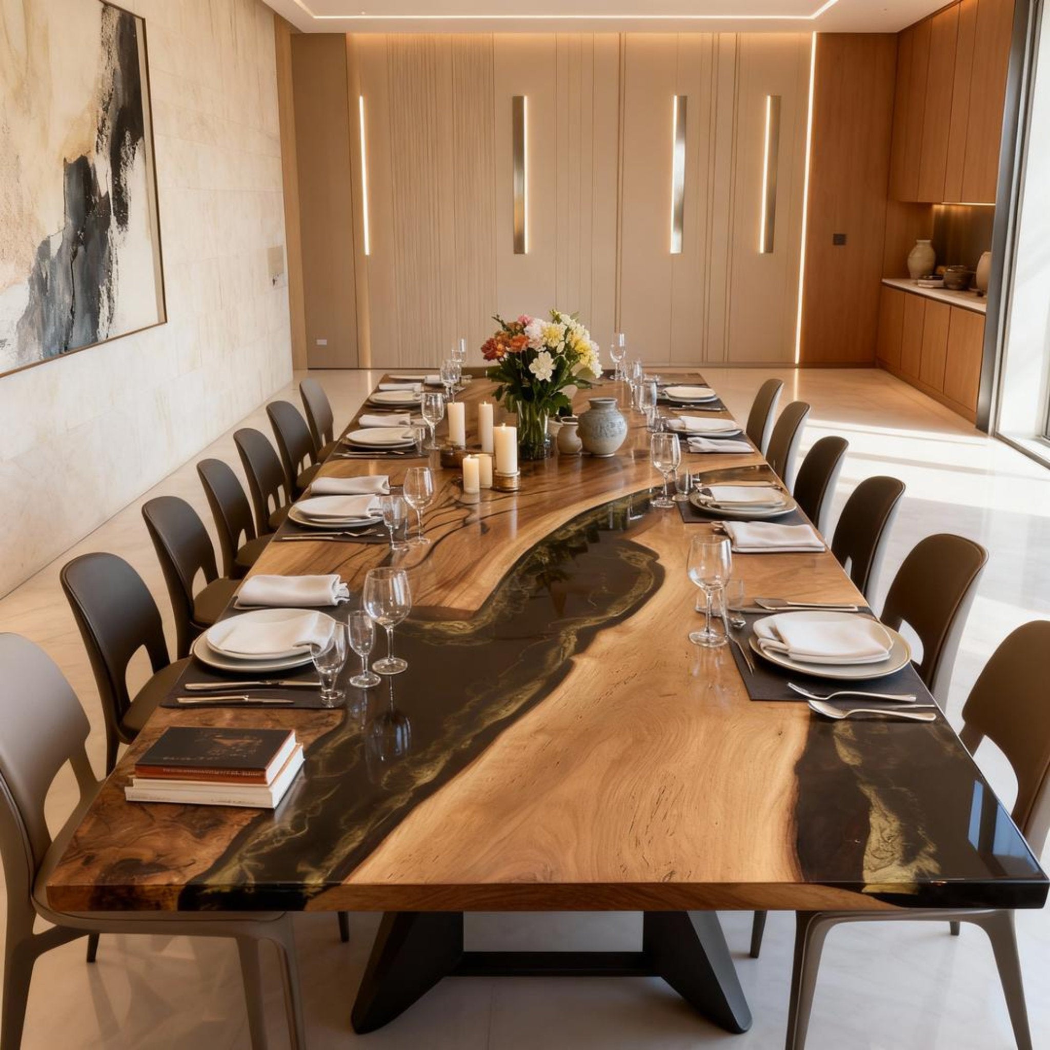 Table rivière sur mesure en résine époxy et noyer, Black Pearl QJT-642