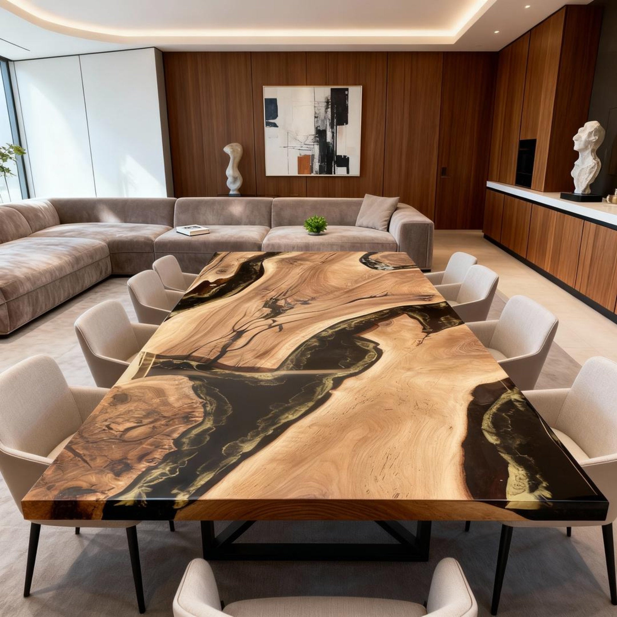 Table rivière sur mesure en résine époxy et noyer, Black Pearl QJT-642