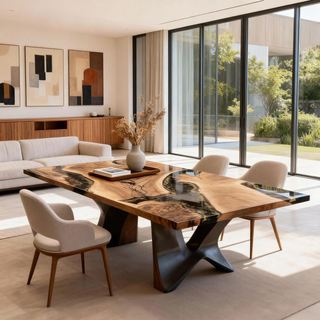 Table rivière sur mesure en résine époxy et noyer, Black Pearl QJT-642