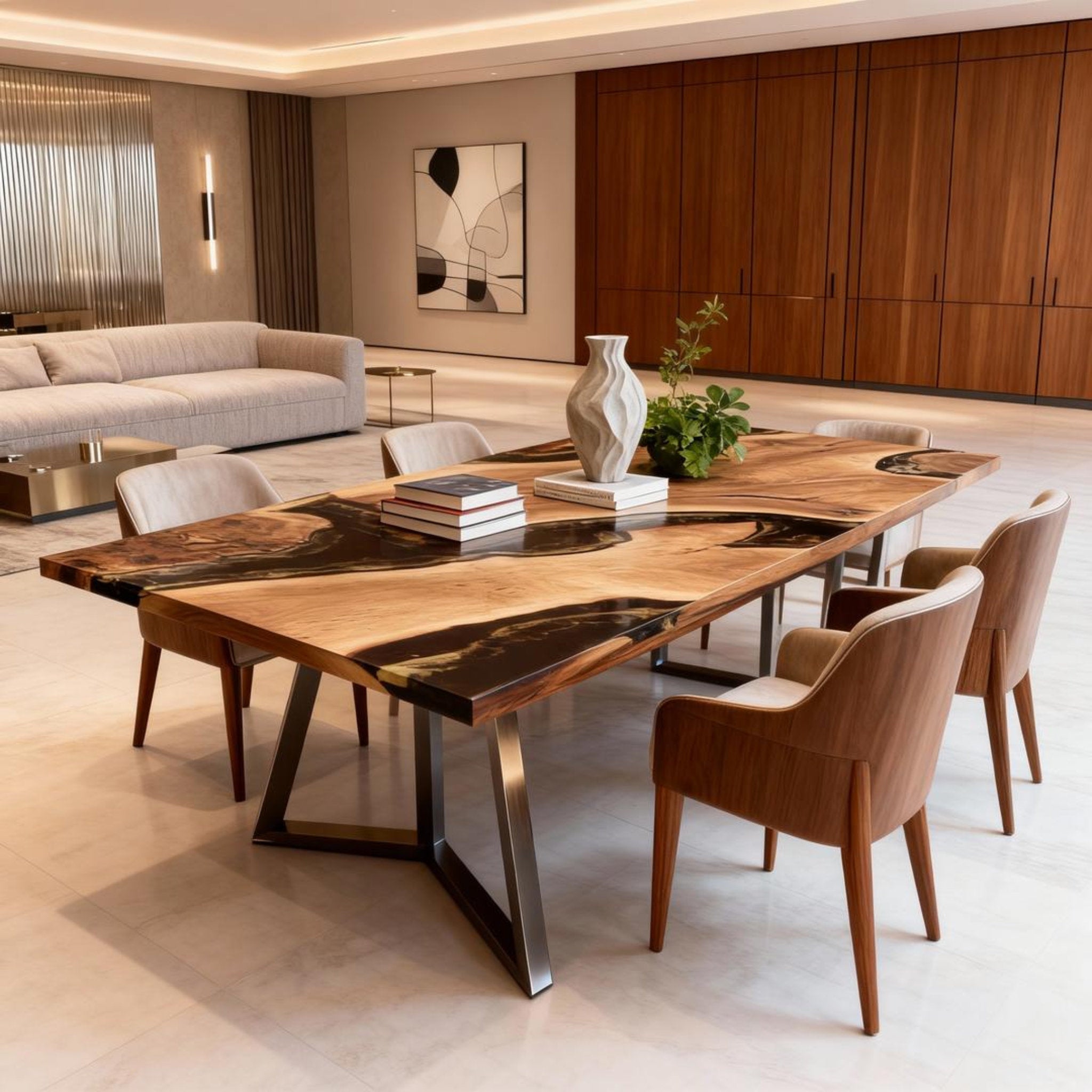 Table rivière sur mesure en résine époxy et noyer, Black Pearl QJT-642