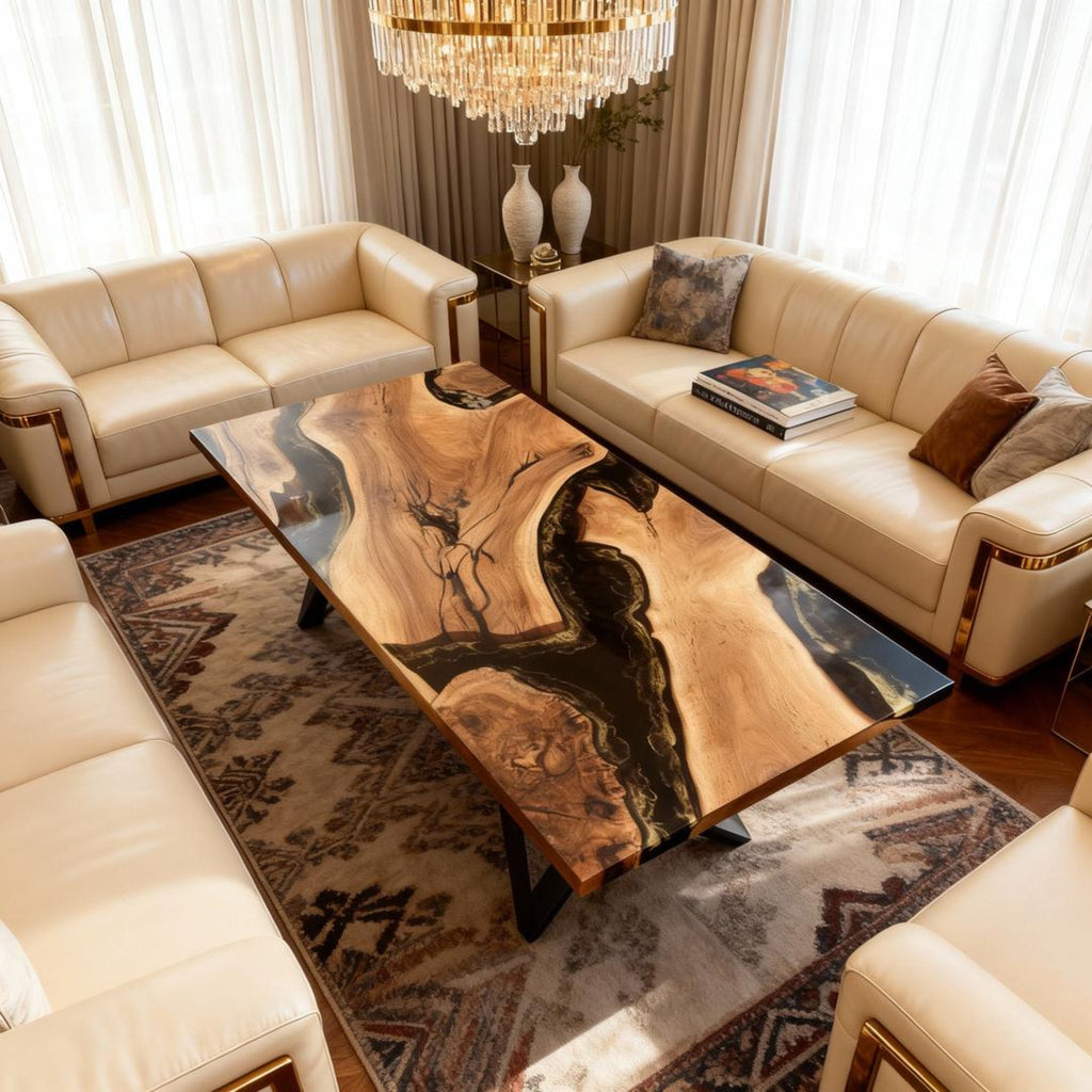 Table rivière sur mesure en résine époxy et noyer, Black Pearl QJT-642