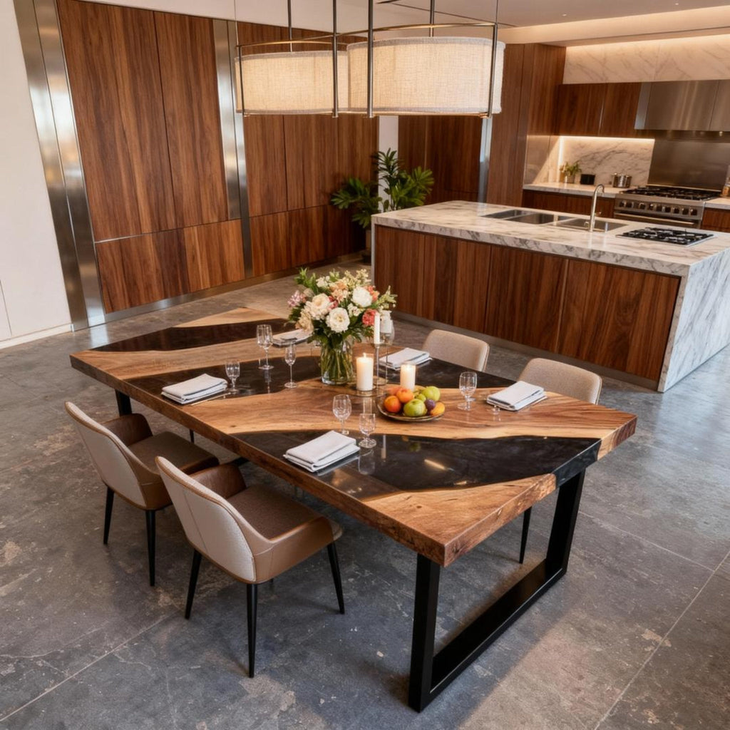 Table rivière sur mesure en résine époxy noyer, résine Black Pearl KZP-482