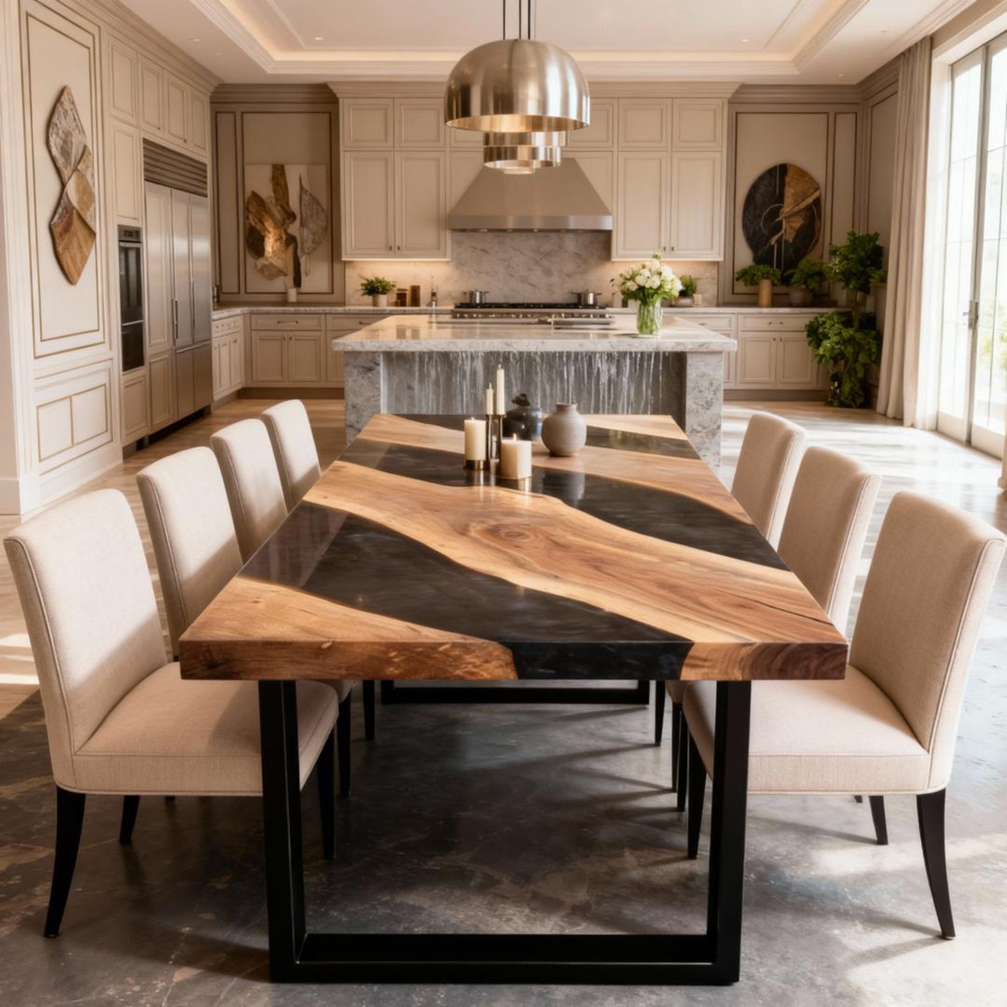 Table rivière sur mesure en résine époxy noyer, résine Black Pearl KZP-482