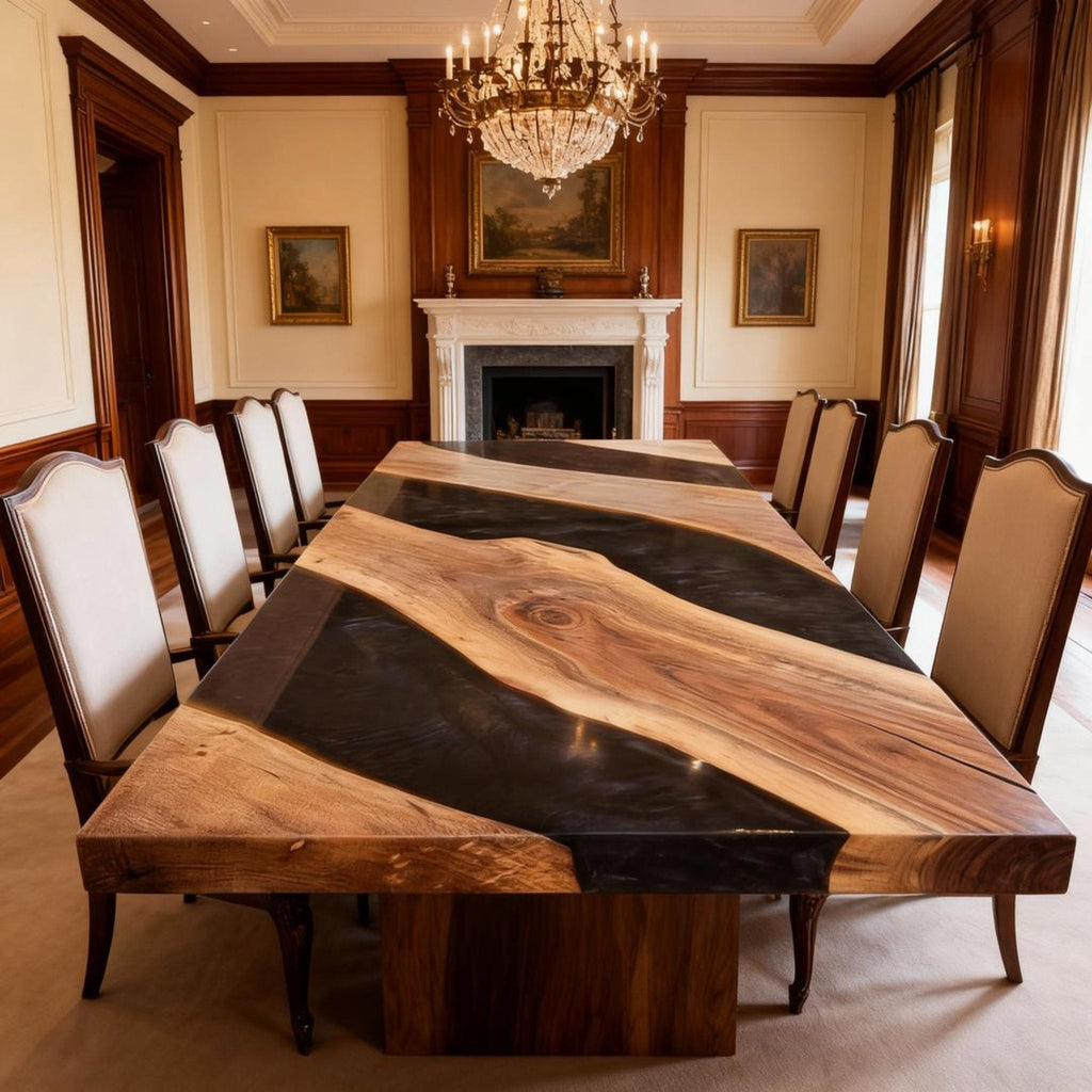 Table rivière sur mesure en résine époxy noyer, résine Black Pearl KZP-482