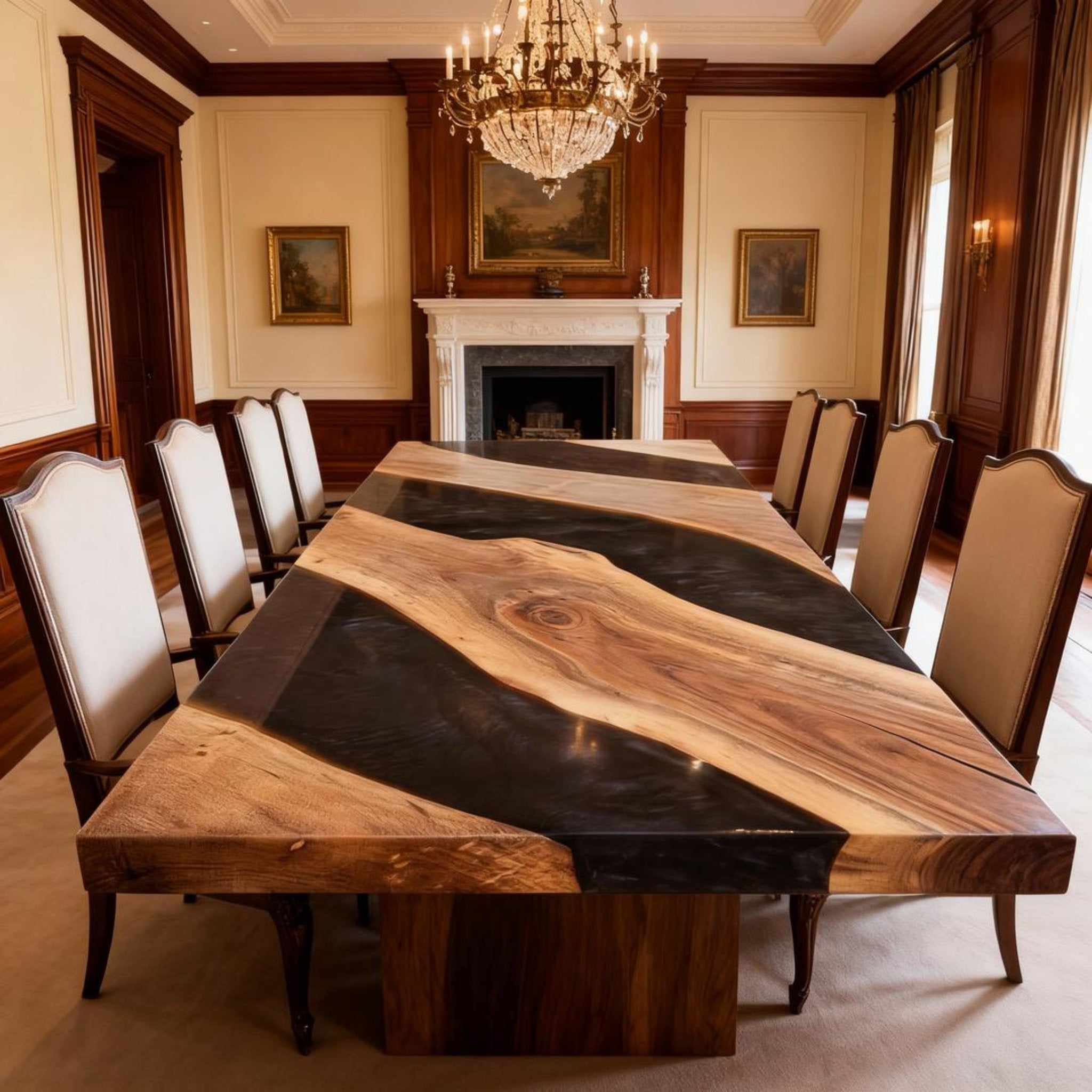 Table rivière sur mesure en résine époxy noyer, résine Black Pearl KZP-482