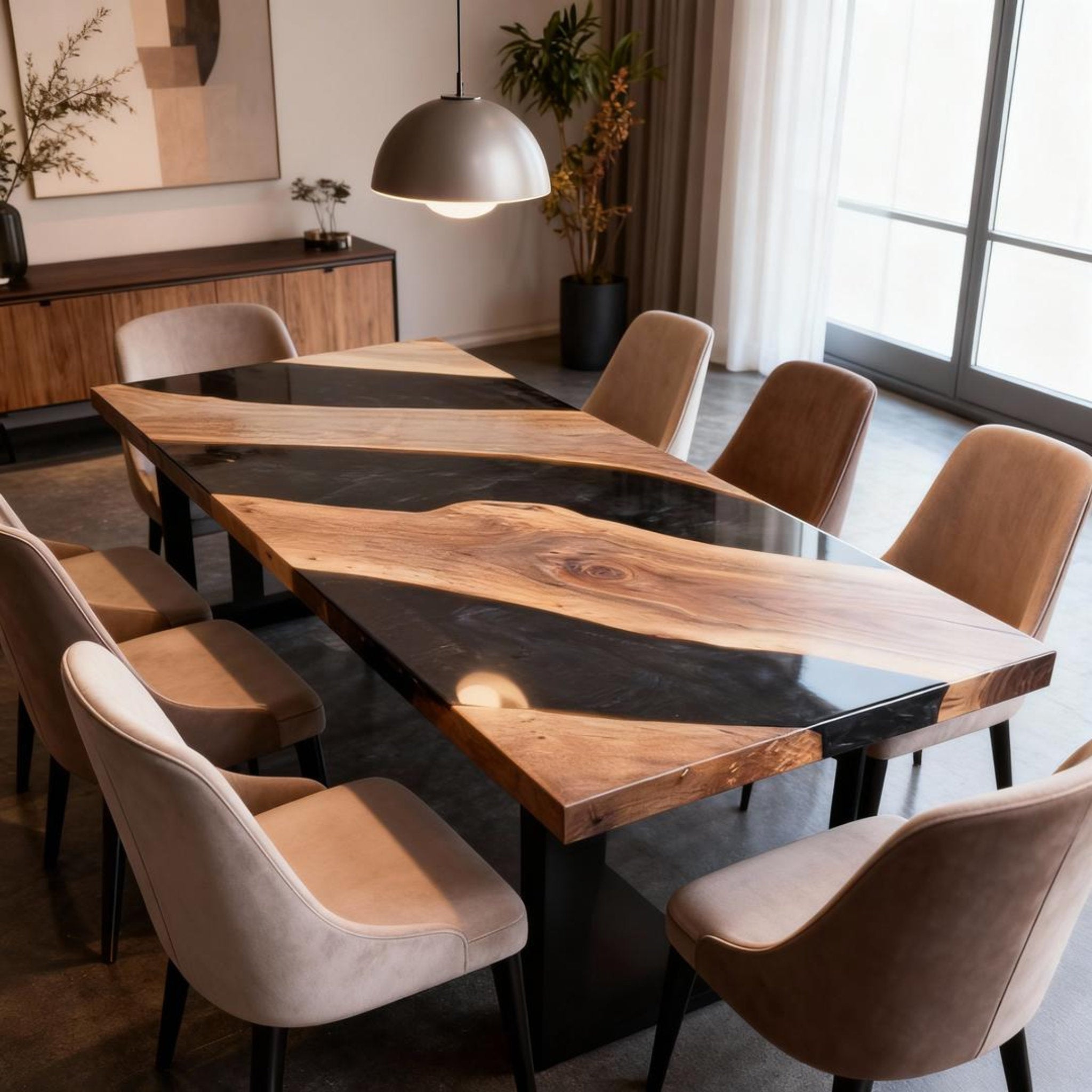 Table rivière sur mesure en résine époxy noyer, résine Black Pearl KZP-482