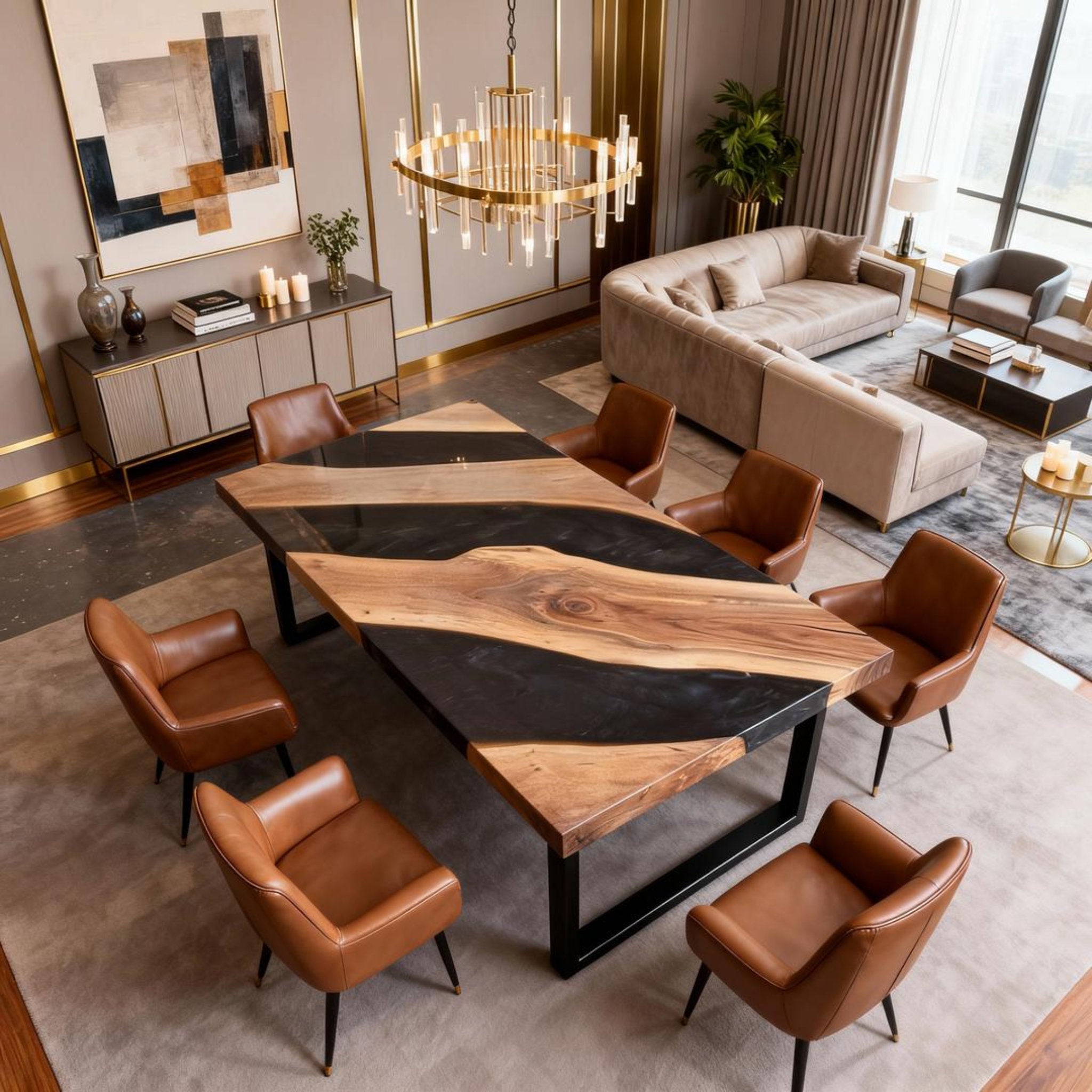 Table rivière sur mesure en résine époxy noyer, résine Black Pearl KZP-482