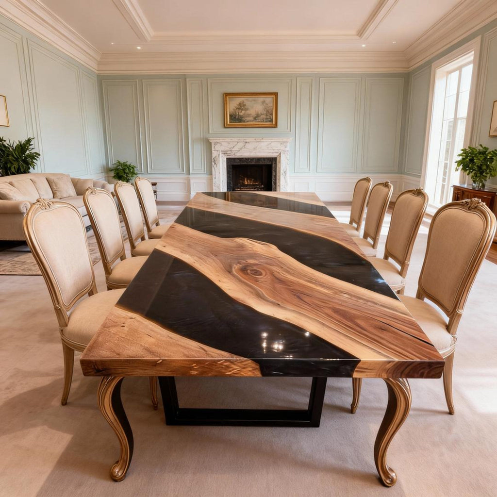 Table rivière sur mesure en résine époxy noyer, résine Black Pearl KZP-482
