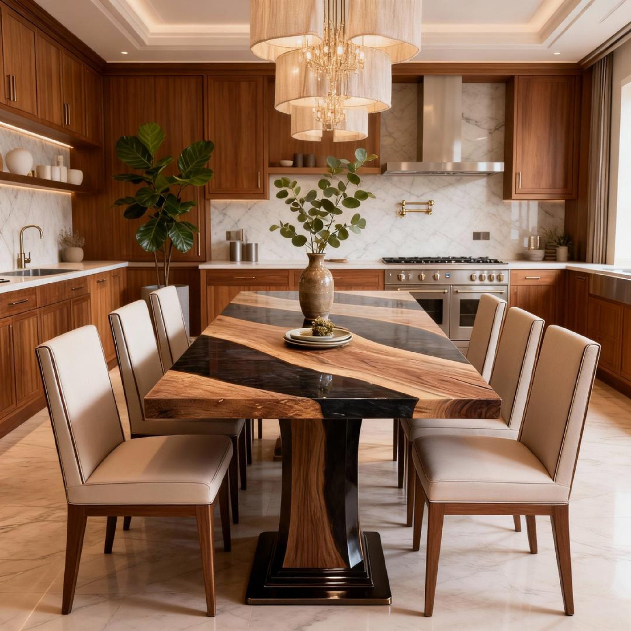 Table rivière sur mesure en résine époxy noyer, résine Black Pearl KZP-482