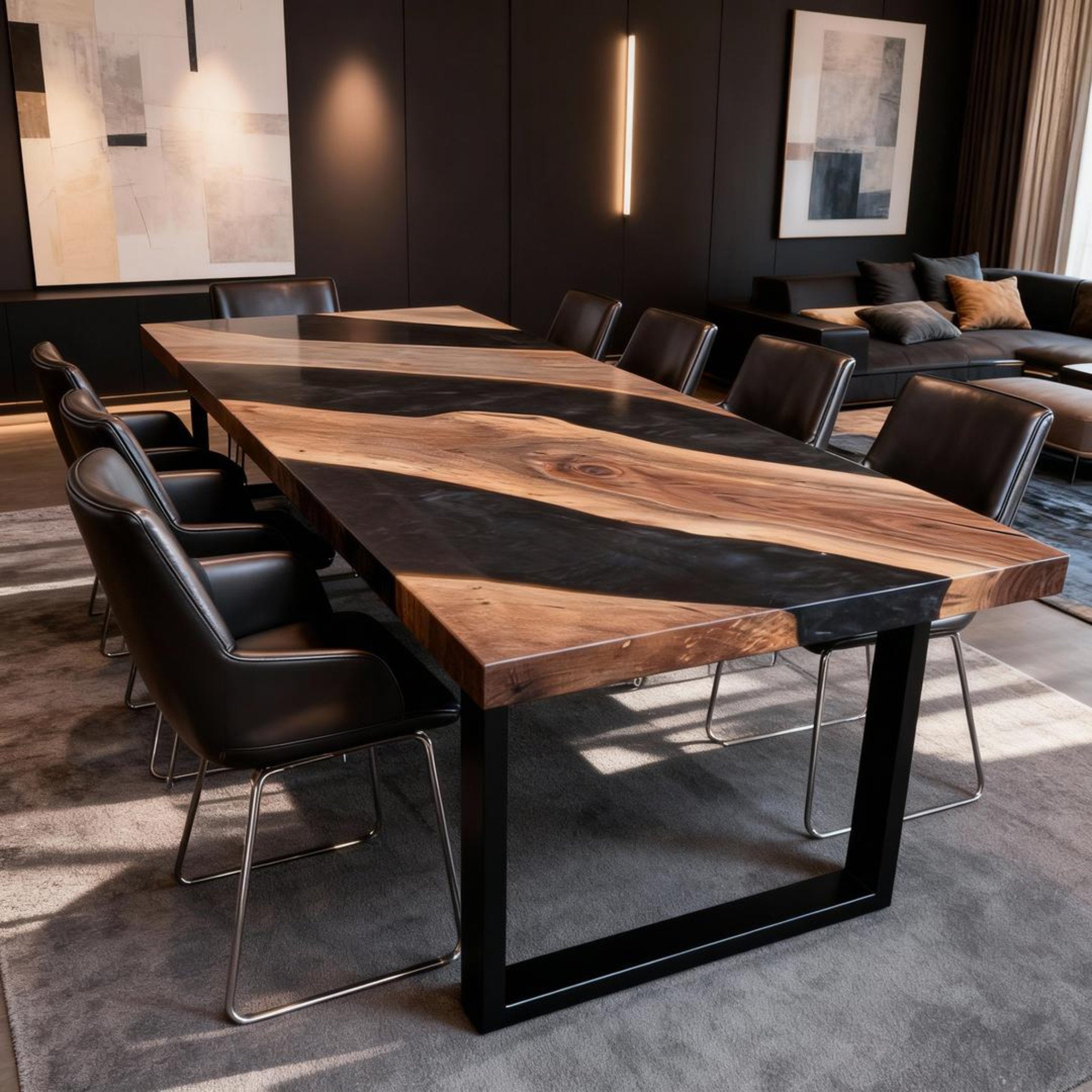 Table rivière sur mesure en résine époxy noyer, résine Black Pearl KZP-482