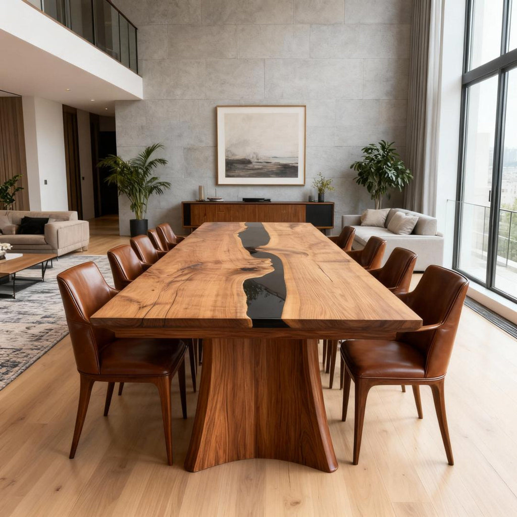 Table rivière sur mesure en résine époxy et noyer, Black Pearl VMK-742