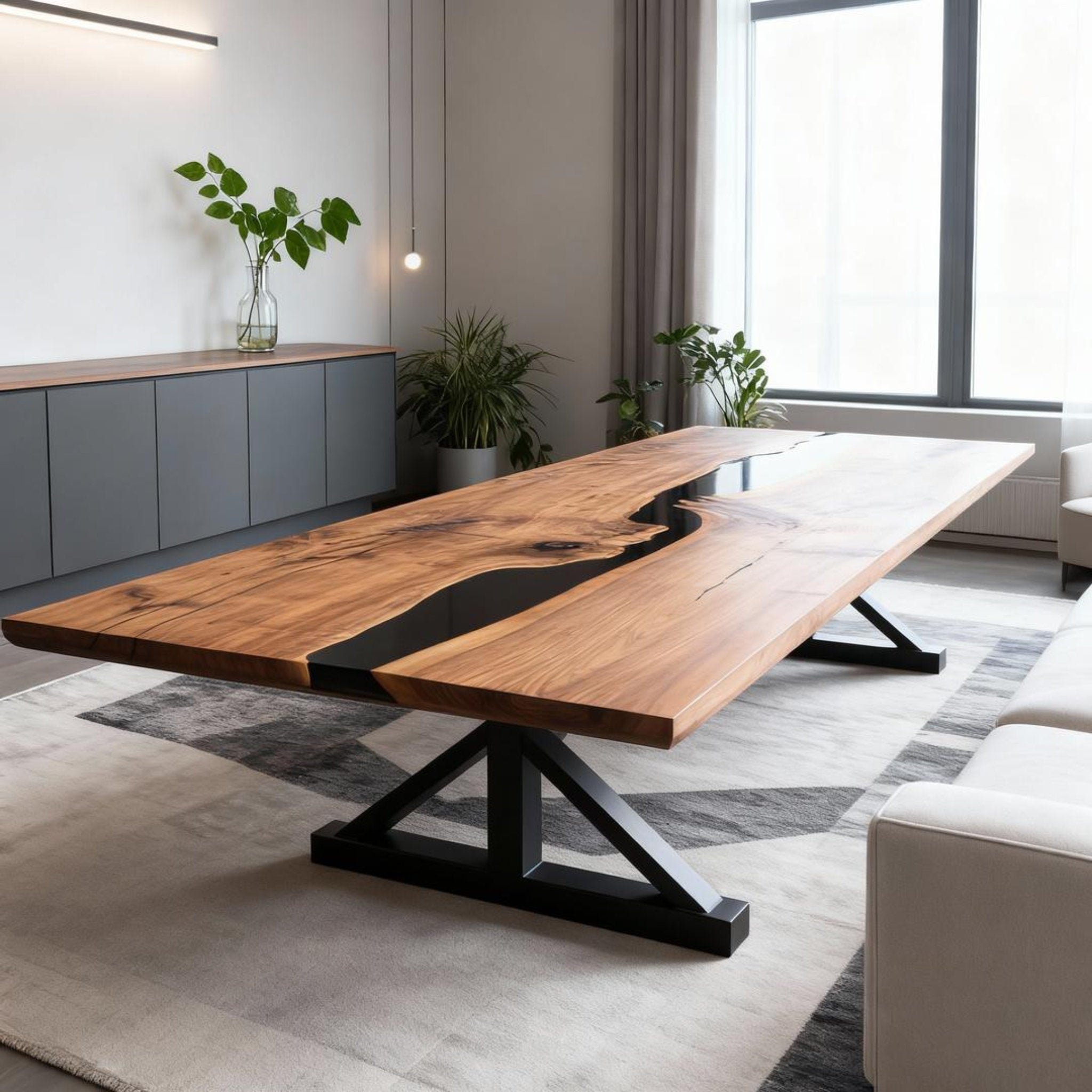 Table rivière sur mesure en résine époxy et noyer, Black Pearl VMK-742