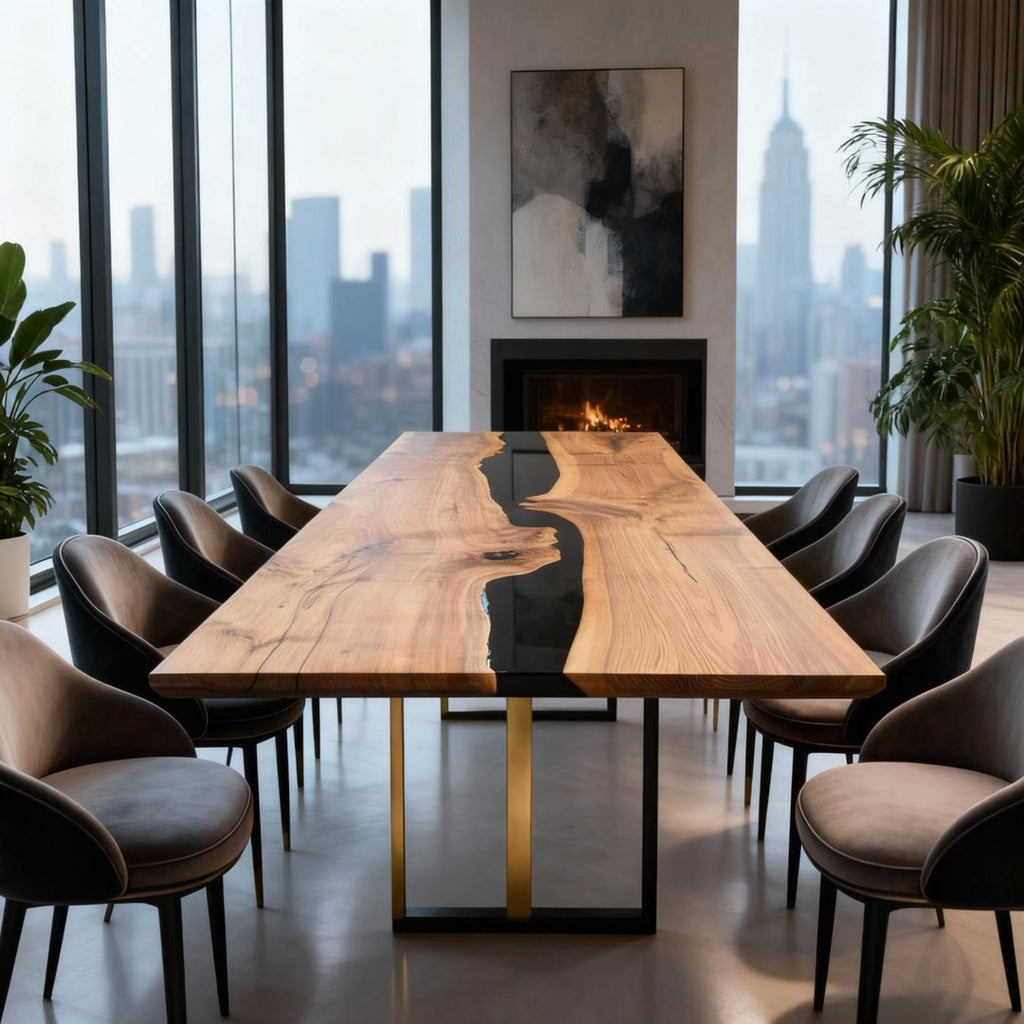 Table rivière sur mesure en résine époxy et noyer, Black Pearl VMK-742