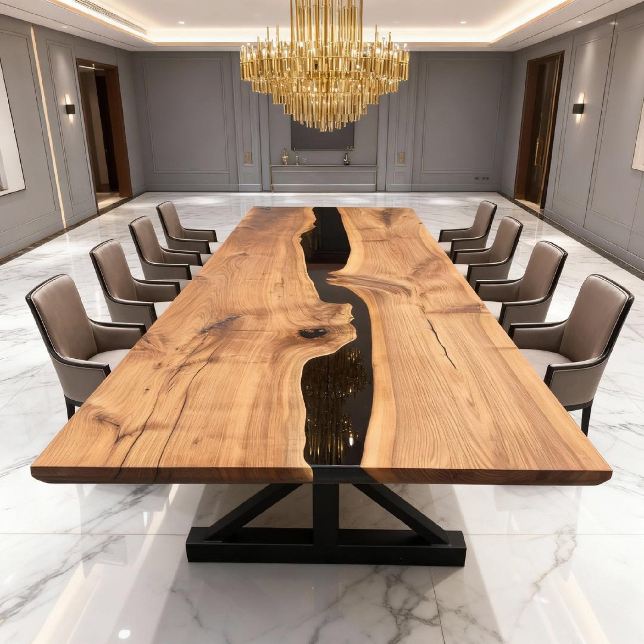 Table rivière sur mesure en résine époxy et noyer, Black Pearl VMK-742