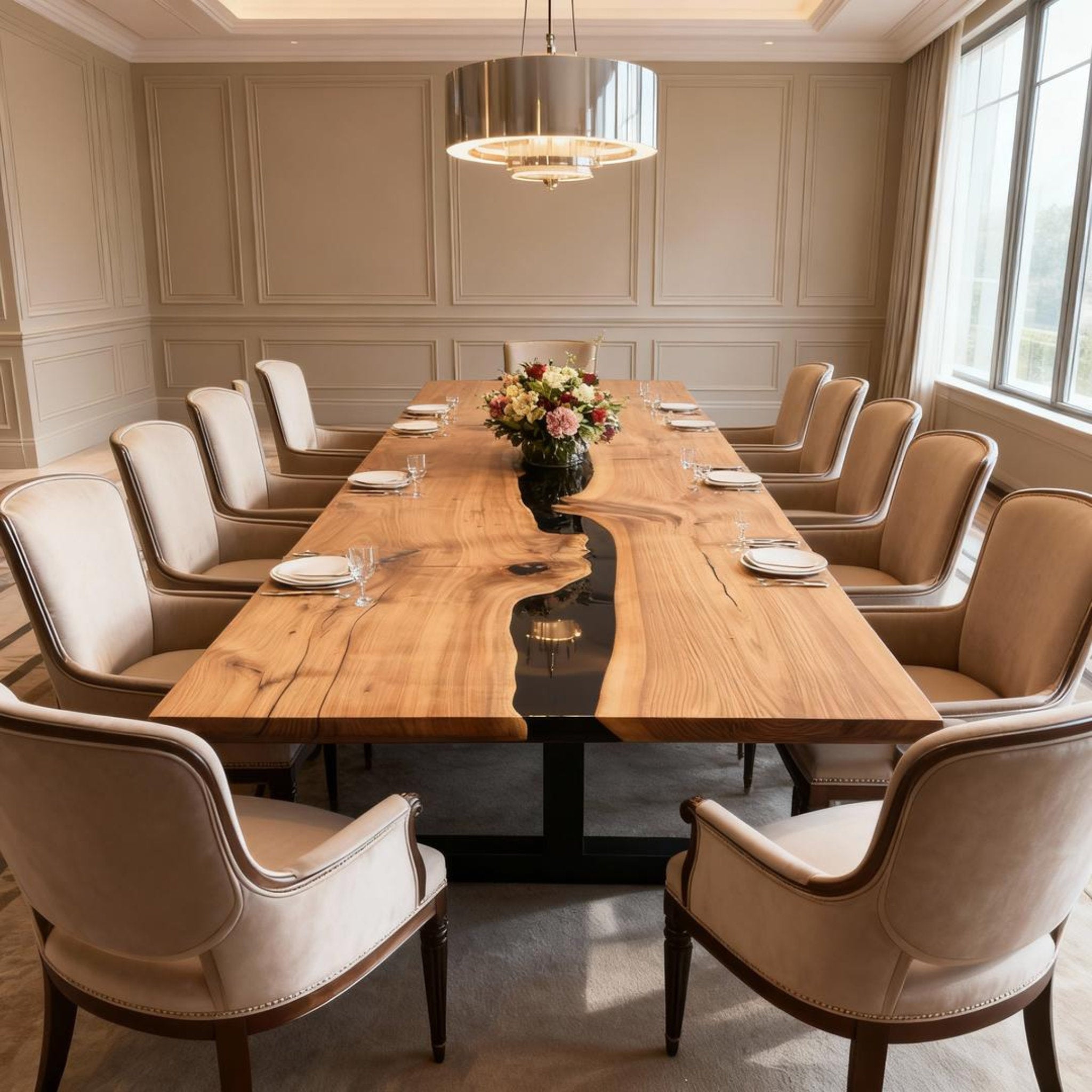 Table rivière sur mesure en résine époxy et noyer, Black Pearl VMK-742