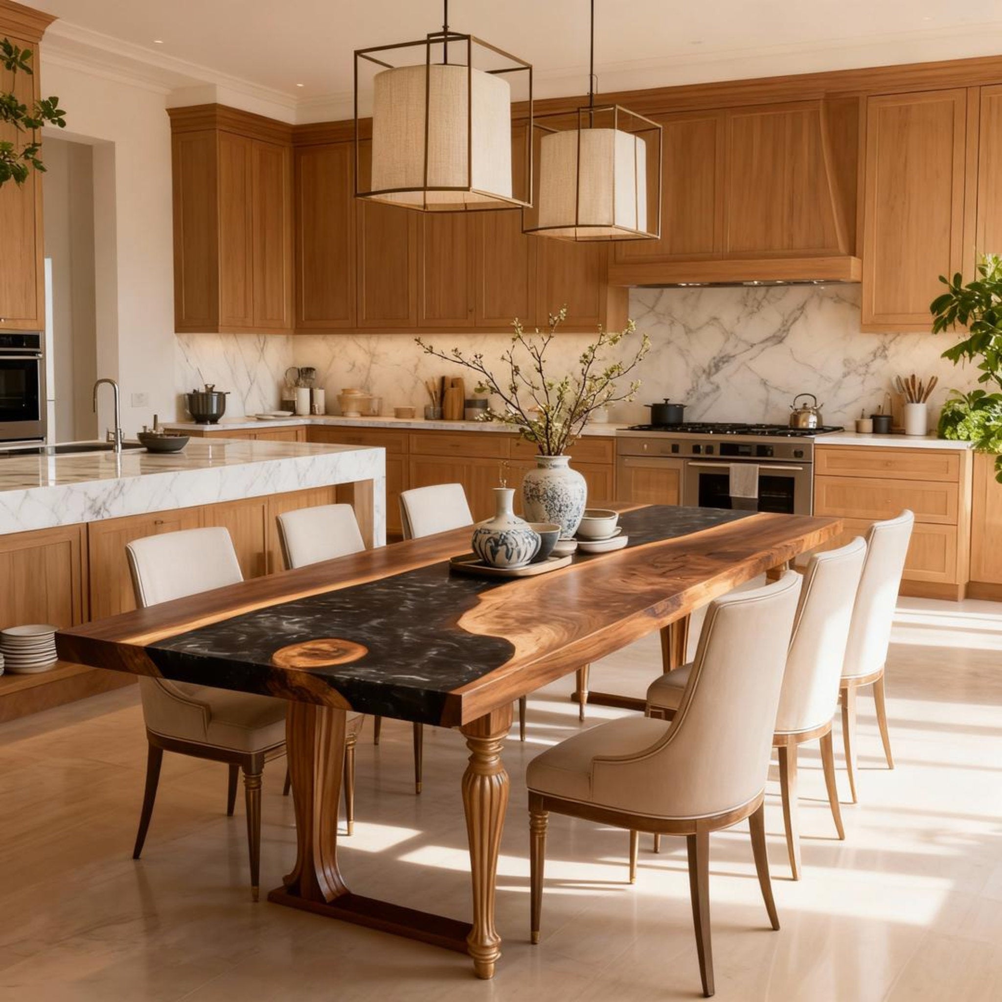 Table rivière sur mesure en résine époxy et noyer, Black Pearl VQS-684