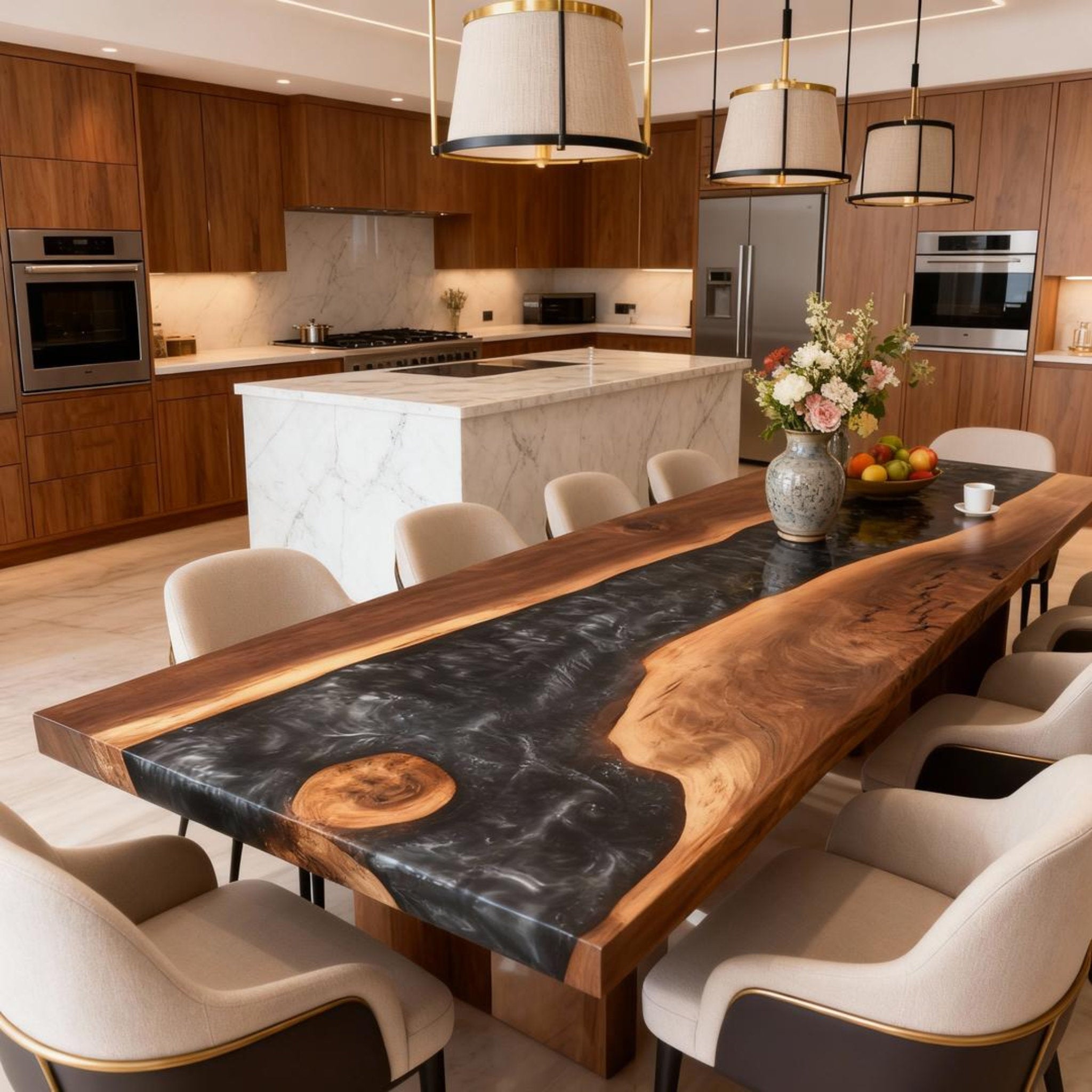 Table rivière sur mesure en résine époxy et noyer, Black Pearl VQS-684