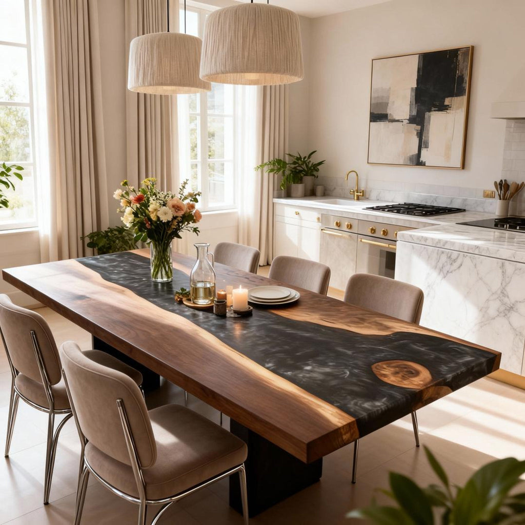 Table rivière sur mesure en résine époxy et noyer, Black Pearl VQS-684