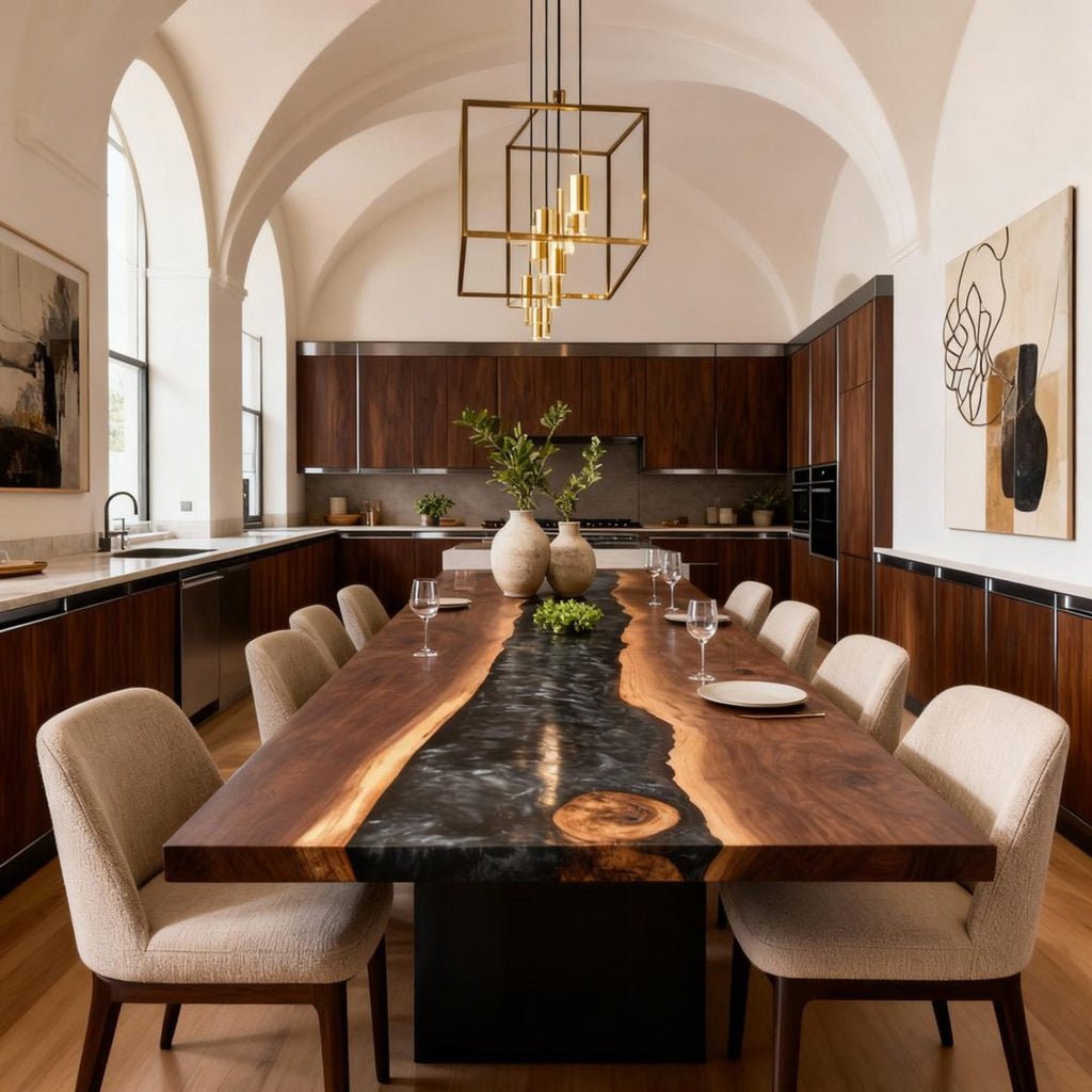 Table rivière sur mesure en résine époxy et noyer, Black Pearl VQS-684