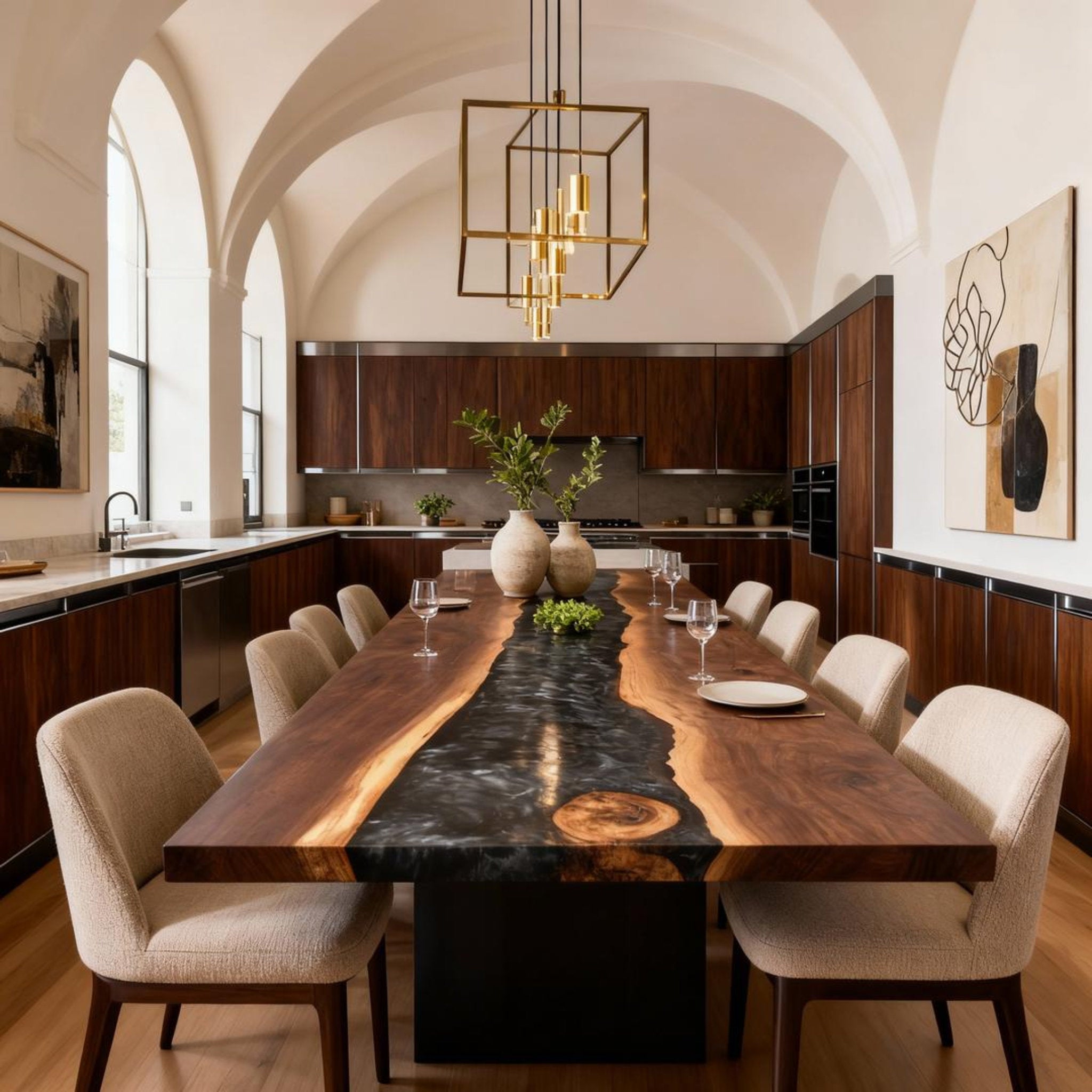 Table rivière sur mesure en résine époxy et noyer, Black Pearl VQS-684