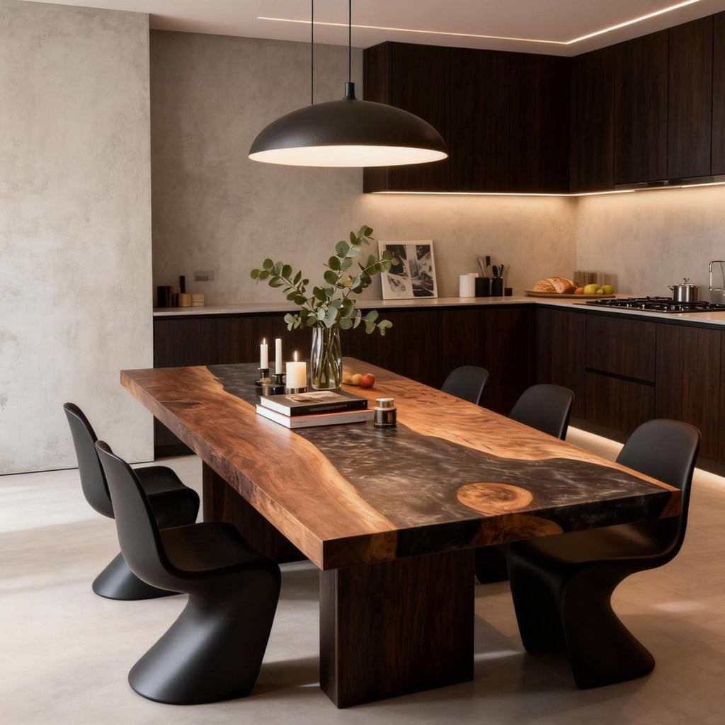 Table rivière sur mesure en résine époxy et noyer, Black Pearl VQS-684