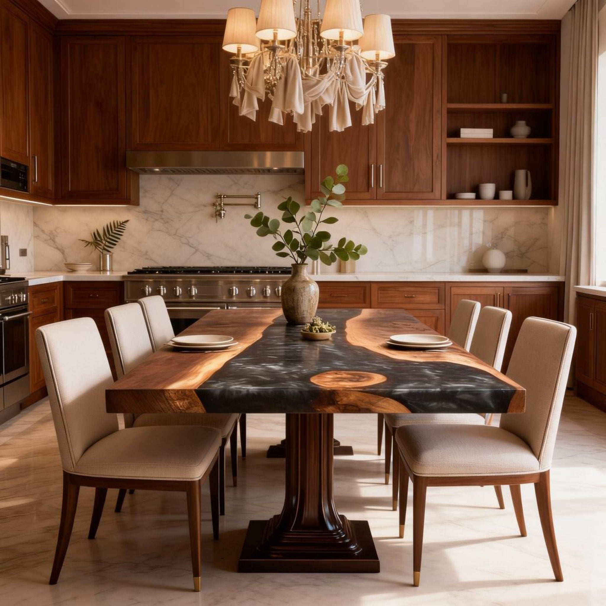 Table rivière sur mesure en résine époxy et noyer, Black Pearl VQS-684