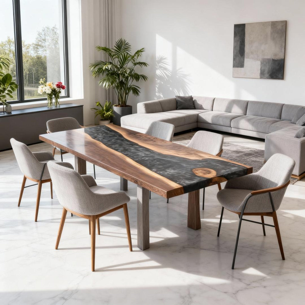 Table rivière sur mesure en résine époxy et noyer, Black Pearl ZJW-584