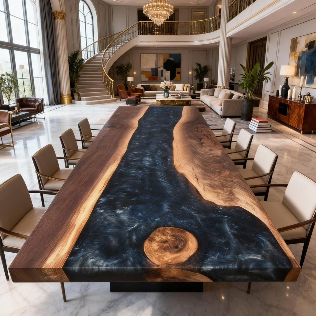 Table rivière sur mesure en résine époxy et noyer, Black Pearl ZJW-584