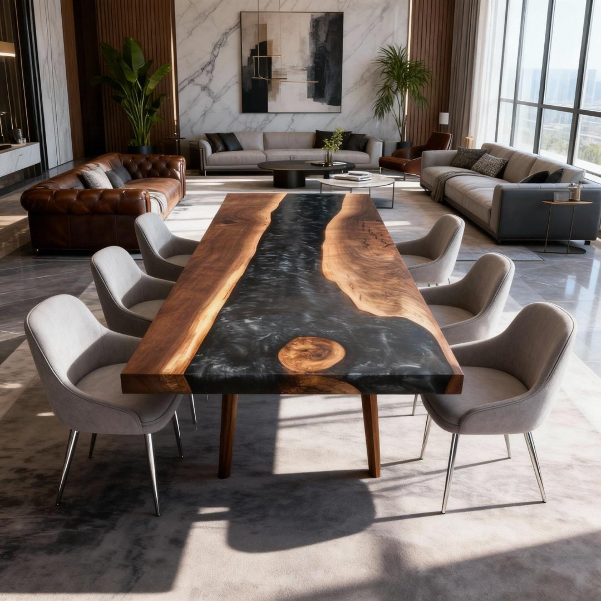 Table rivière sur mesure en résine époxy et noyer, Black Pearl ZJW-584