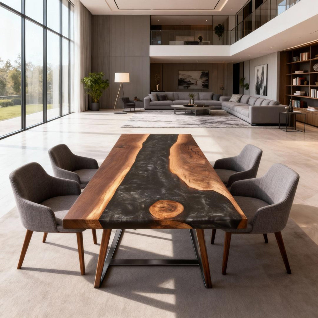 Table rivière sur mesure en résine époxy et noyer, Black Pearl ZJW-584