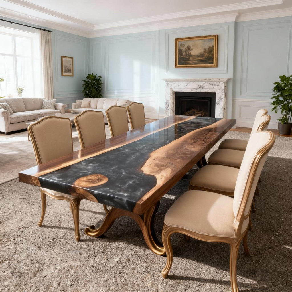 Table rivière sur mesure en résine époxy et noyer, Black Pearl ZJW-584