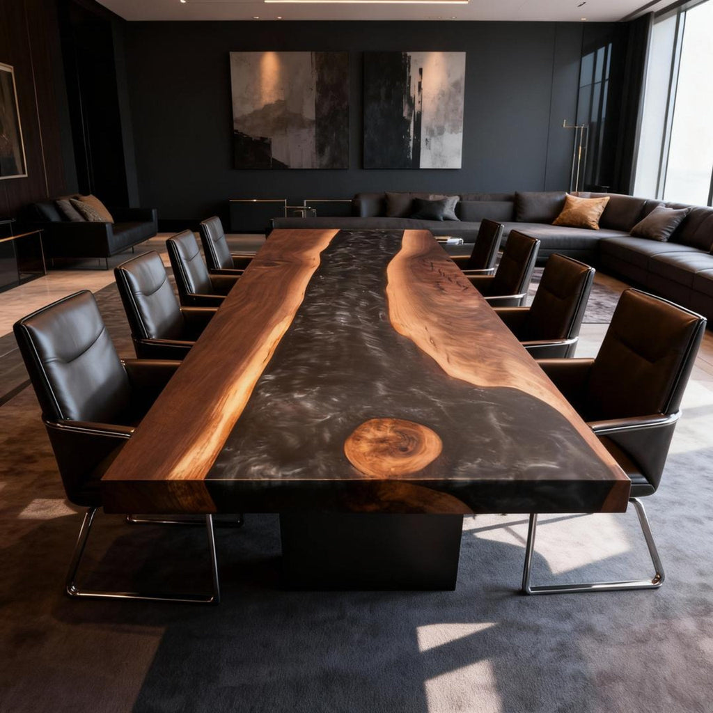 Table rivière sur mesure en résine époxy et noyer, Black Pearl ZJW-584