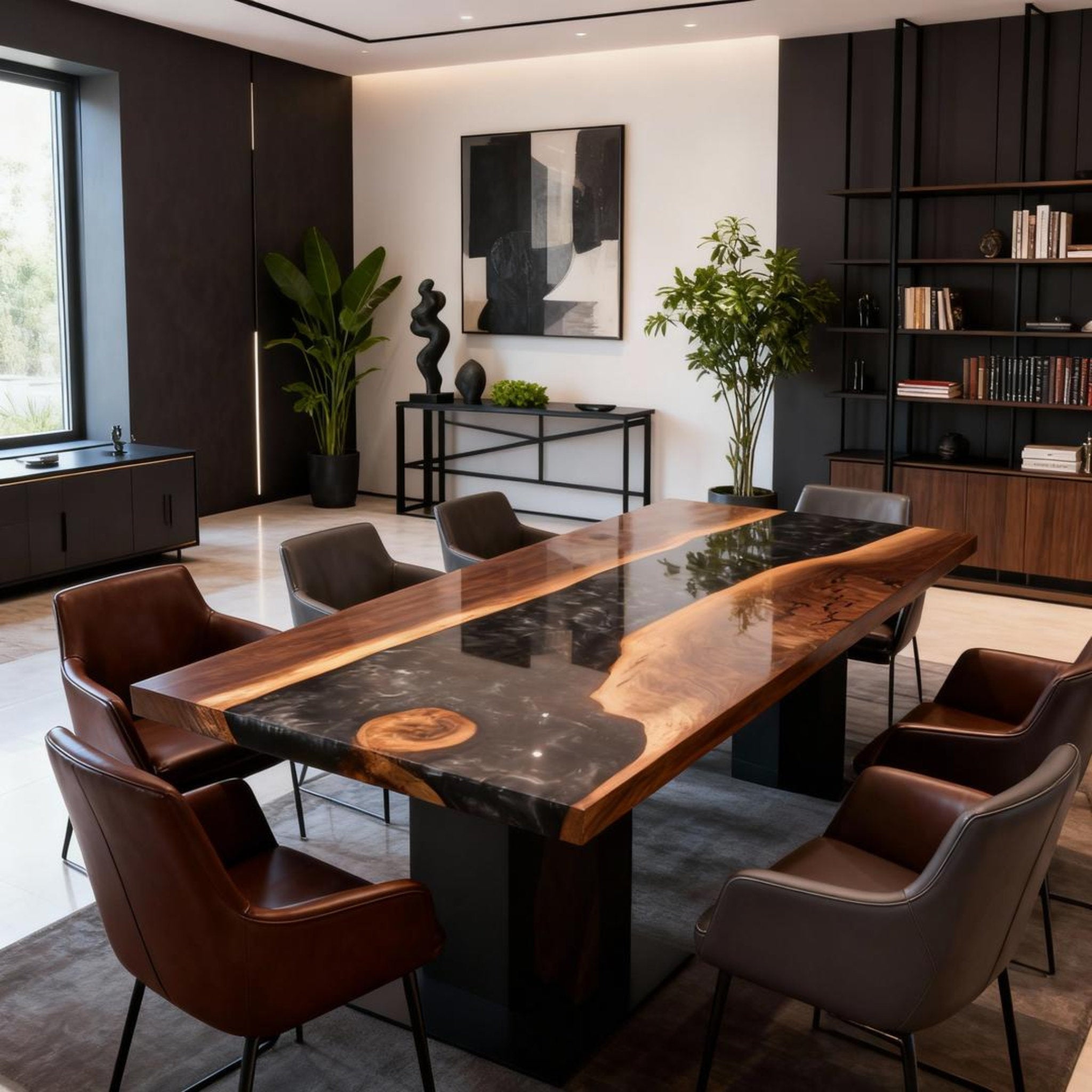 Table rivière sur mesure en résine époxy et noyer, Black Pearl ZJW-584