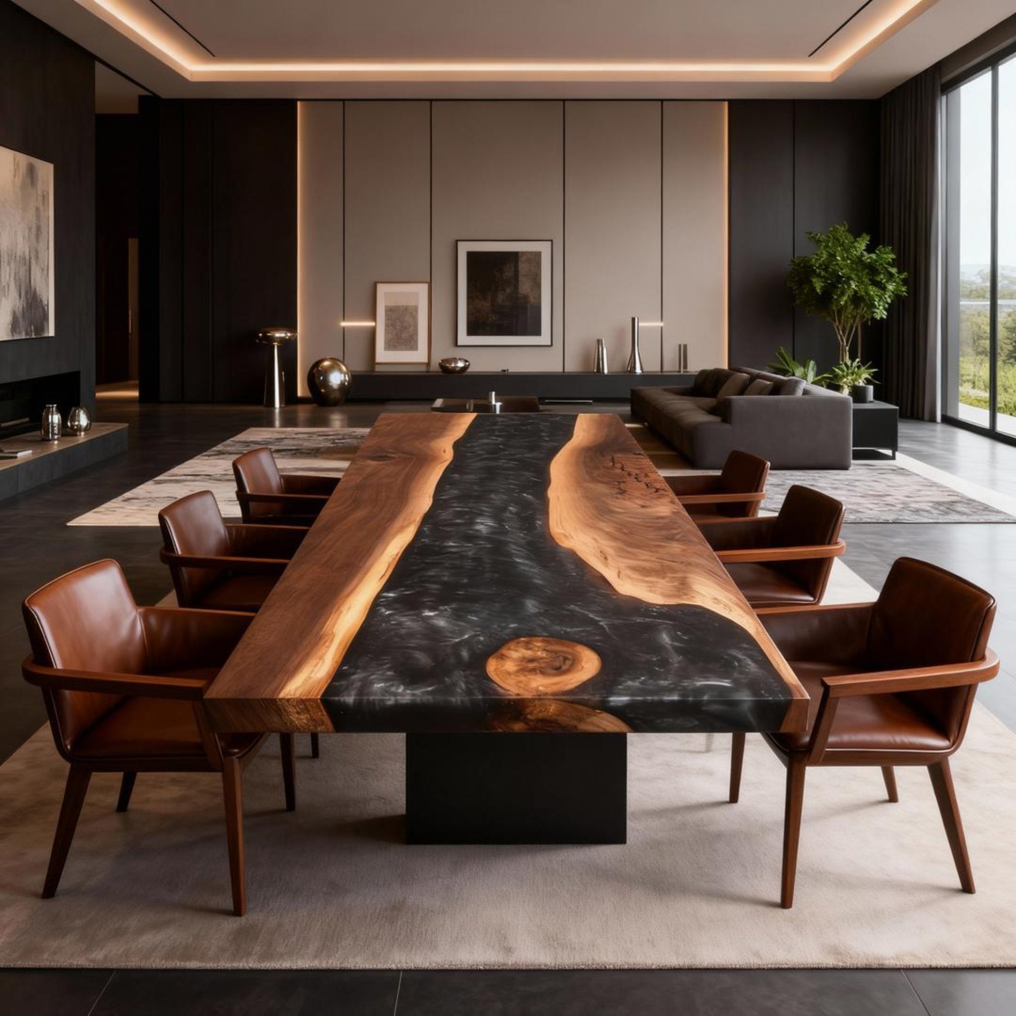 Table rivière sur mesure en résine époxy et noyer, Black Pearl ZJW-584