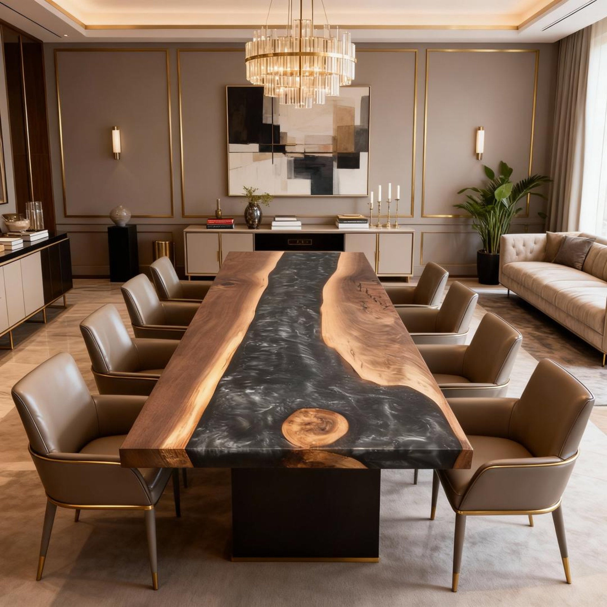 Table rivière sur mesure en résine époxy et noyer, Black Pearl ZJW-584