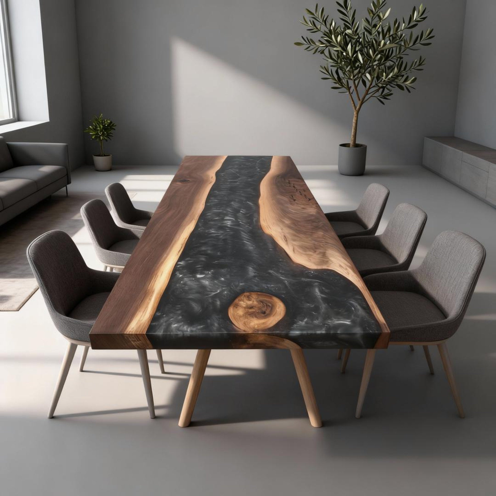 Table rivière sur mesure en résine époxy et noyer, Black Pearl ZJW-584
