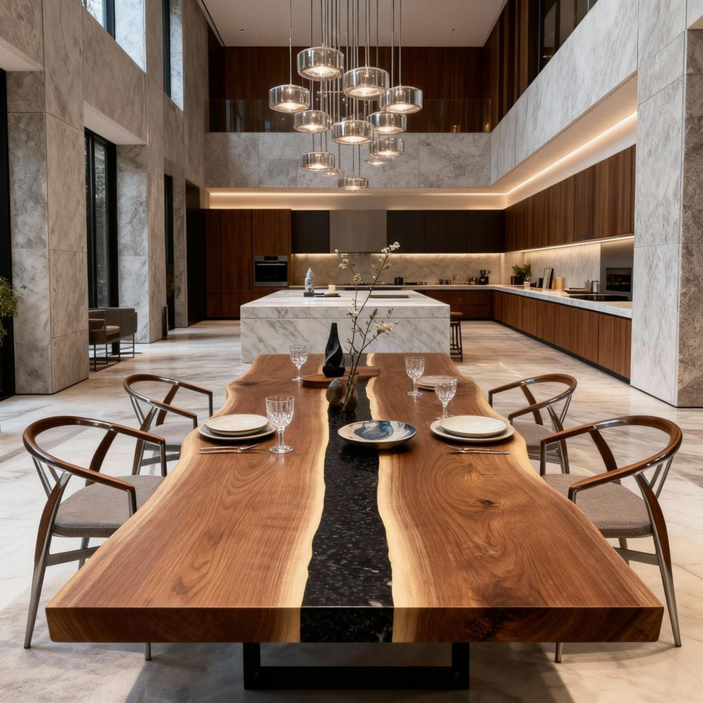 Table rivière sur mesure en résine époxy et noyer, Black Pearl ZQF-529