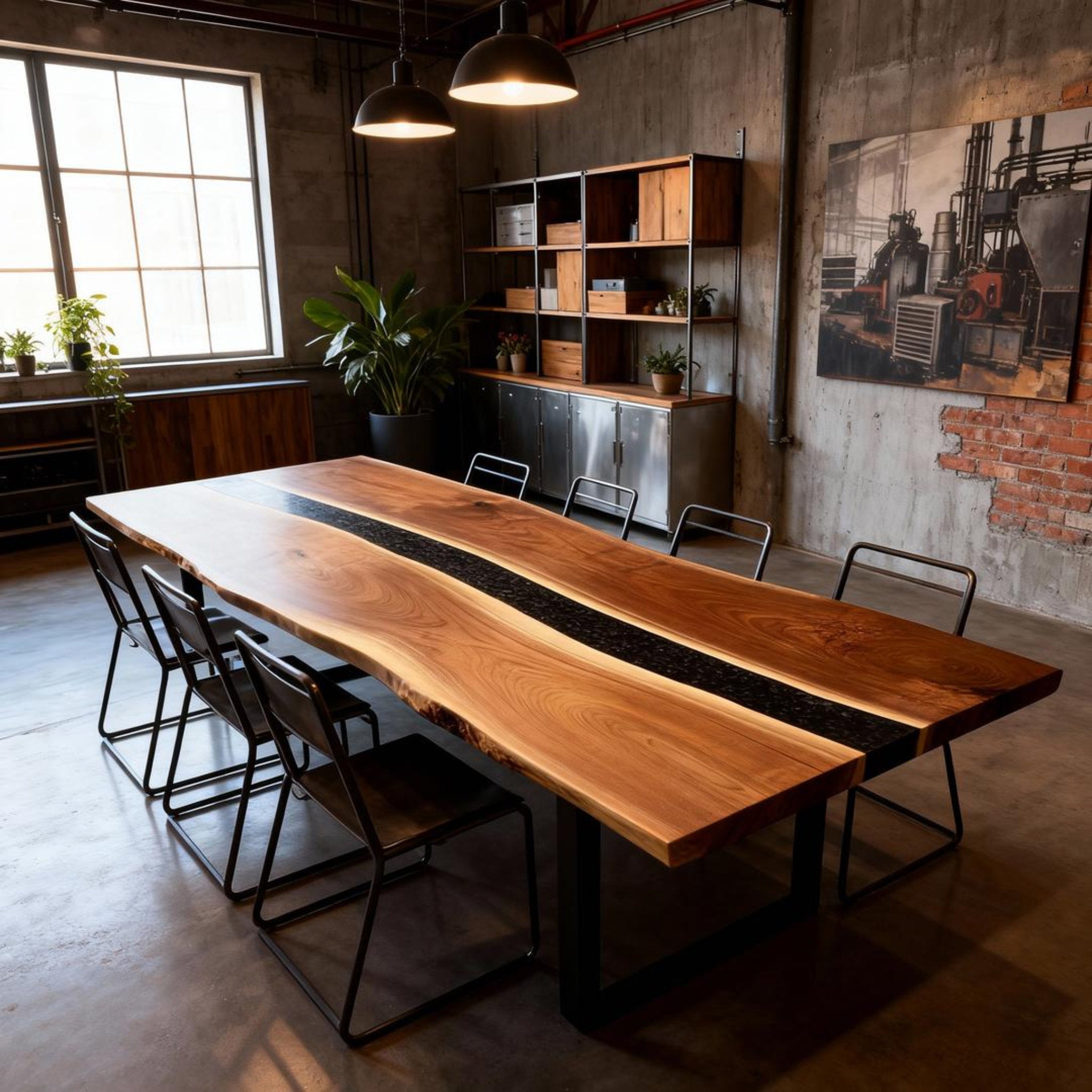 Table rivière sur mesure en résine époxy et noyer, Black Pearl ZQF-529